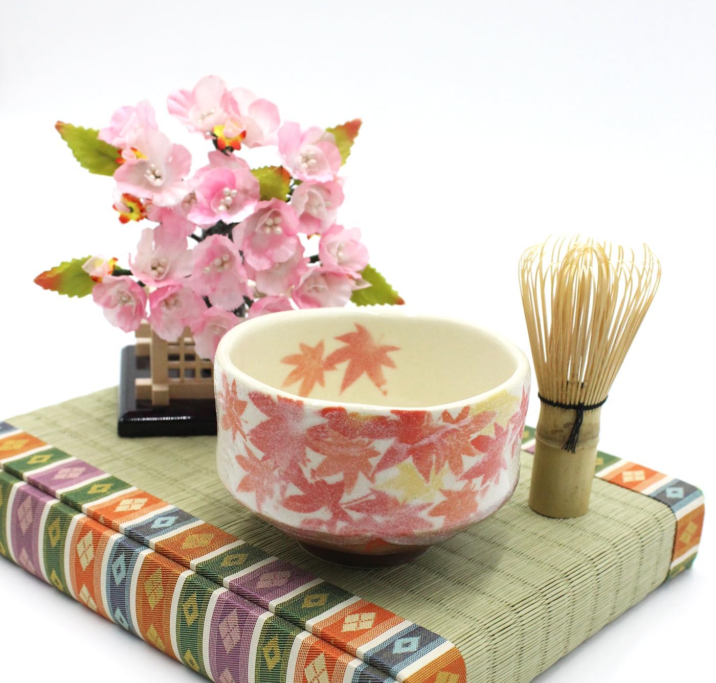 Japanese Traditional Mino Ware Handcrafted Mini Matcha Chawan Tea Bowl Cup Set With Chasen Bamboo Tea Whisk Ceremony Tableware Pottery (Shino Momiji)