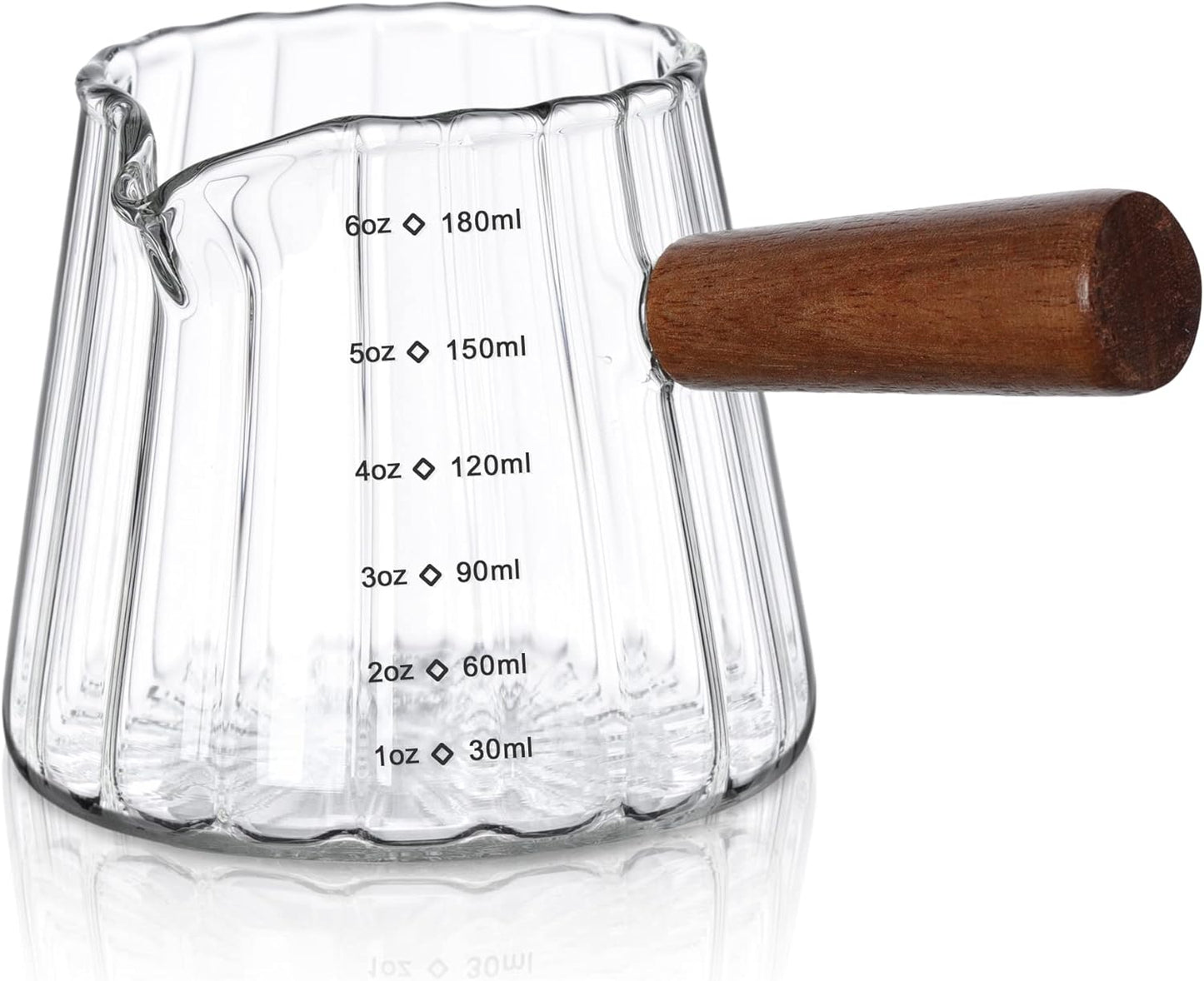 Joeyan 6 oz Glass Measuring Cups with Spout,Borosilicate Glass Triple Pitcher with Scale,Origami Style Espresso Shot Glasses with Wood Handle for Coffee Milk,Dishwasher Safe