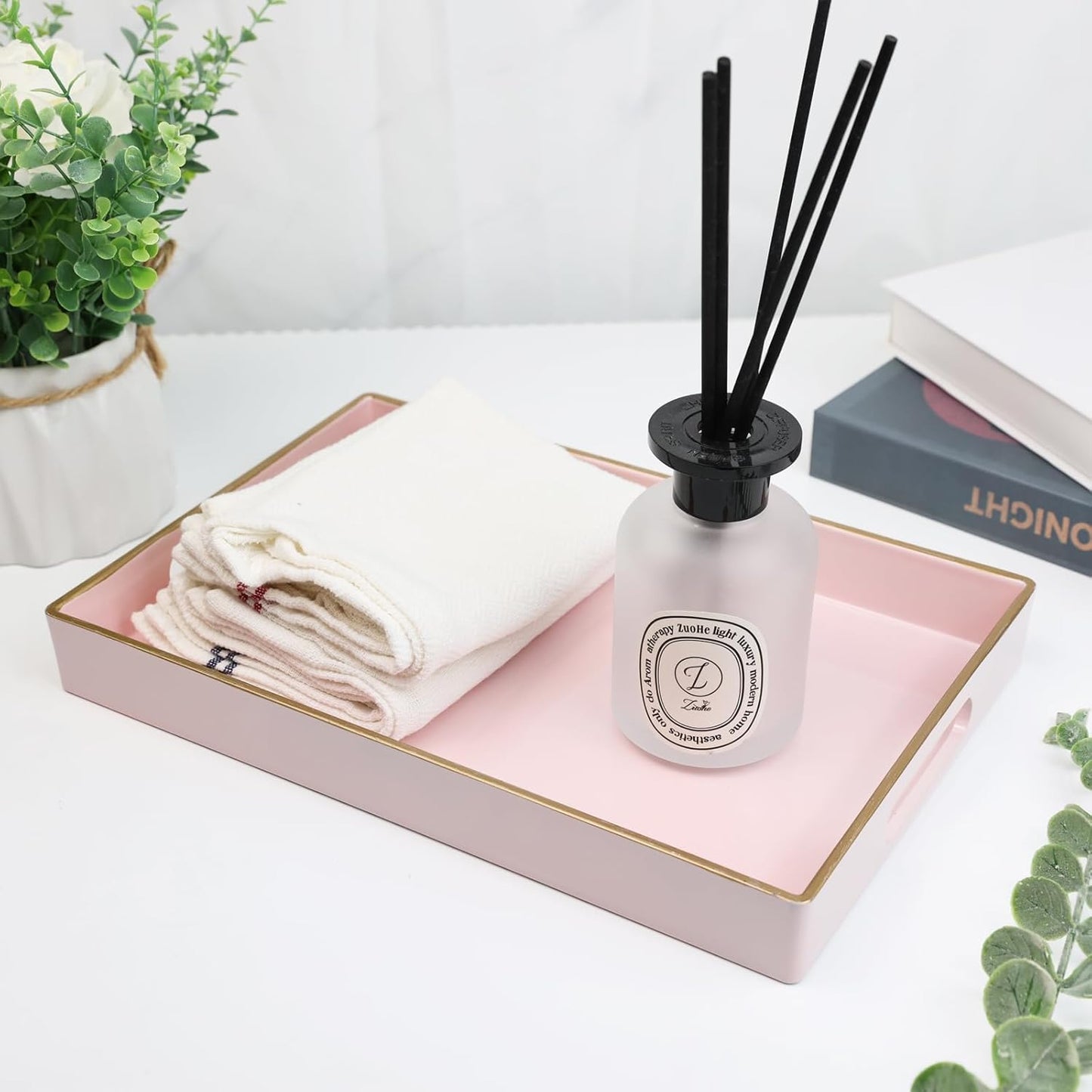 Spsyrine Pink Bathroom Vanity Tray with Handles for Dresser Tops, Countertop, Perfume Decorative Tray, 11.8” * 7.87” *1.37”