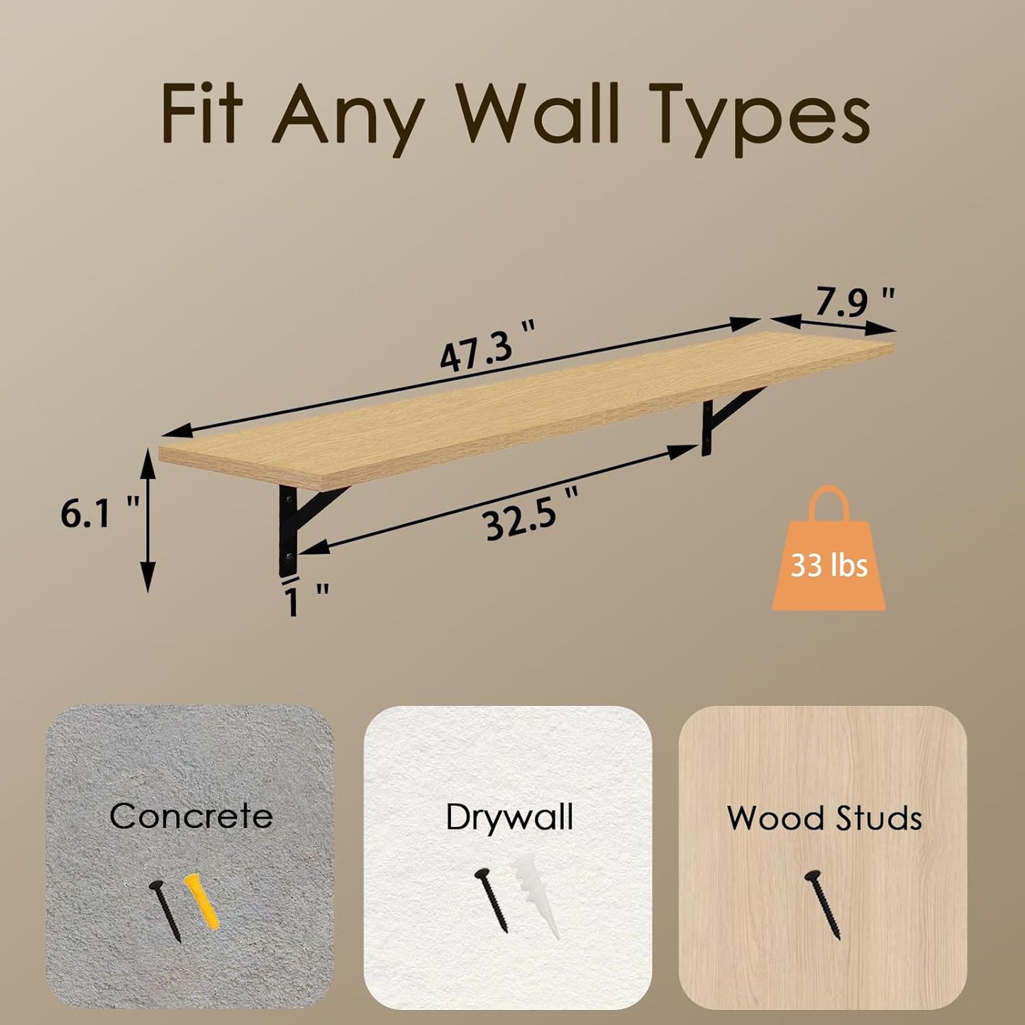 DINZI LVJ Long Wall Shelves, 47.3Inch Wall Mounted Shelves Set of 2, Extra Large Storage Ledges with Sturdy Metal Brackets for Living Room, Bathroom, Bedroom, Kitchen, Natural