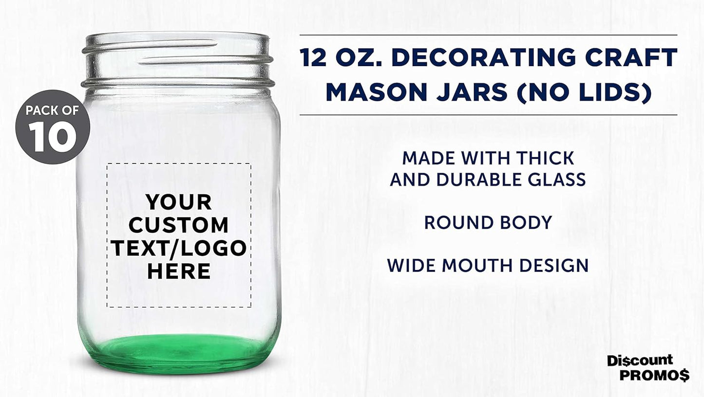 DISCOUNT PROMOS Custom Decorating Mason Jars 12 oz. Set of 10, Personalized Bulk Pack - Glass Jars for Overnight Oats, Candies, Fruits, Pickles, Spices, Beverages - Green