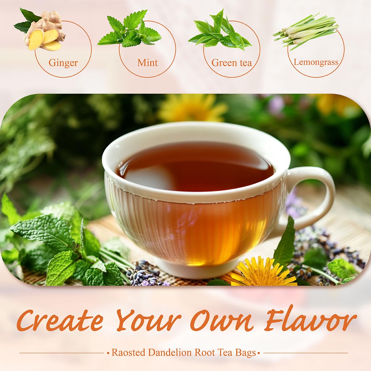 WT WEETEE Roasted Dandelion Root Tea Bags, 100 Count Dandelion Tea with Light Earthy & Roasted Aroma, Natural Caffeine Free Herbal Tea, Coffee Alternatives