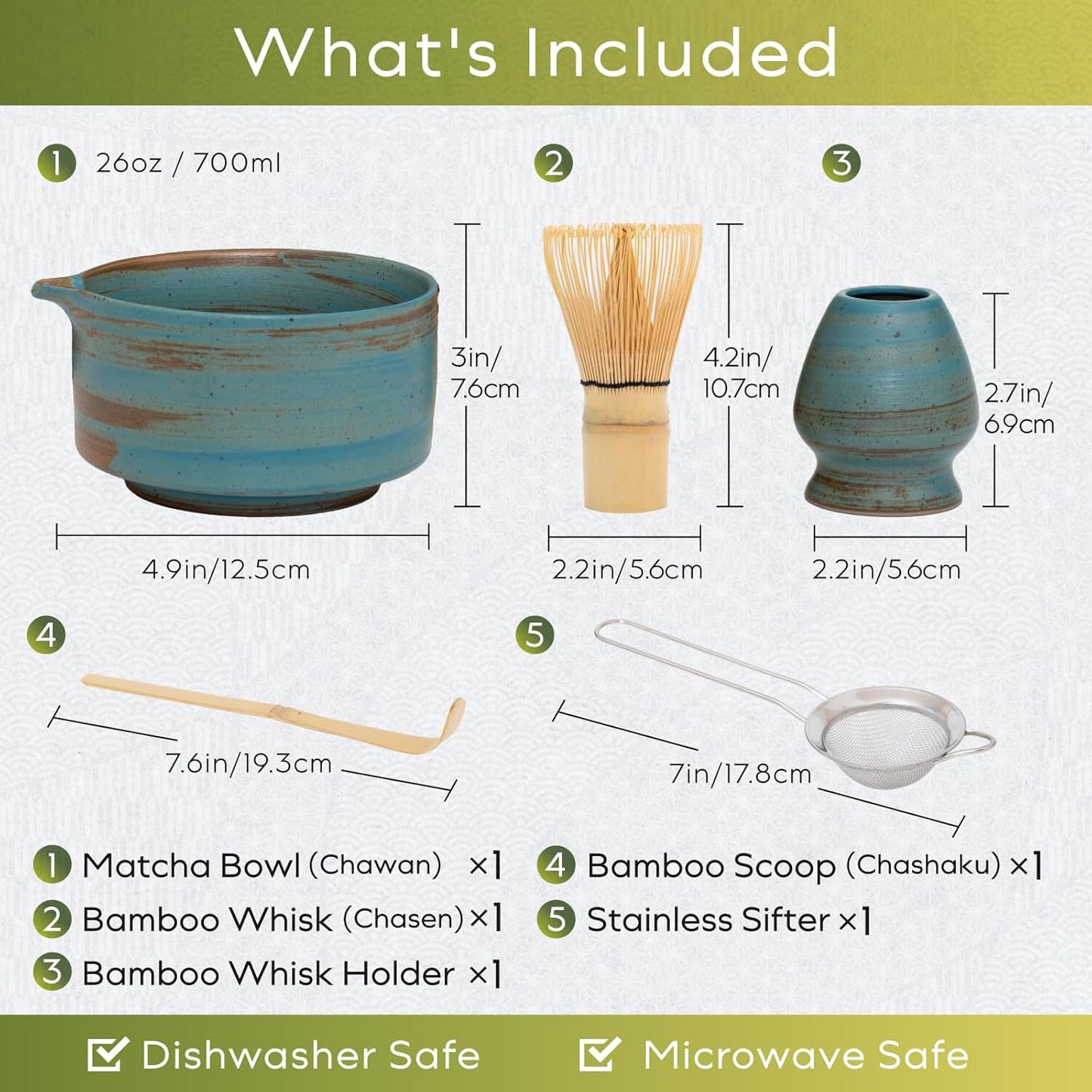 Japanese Matcha Set | Matcha Bowl with Spout | Whisk & Holder | Bamboo Scoop & Stainless Sifter | 5-Piece Traditional Matcha Kit | Designed in Japan |「Rustic Teal」