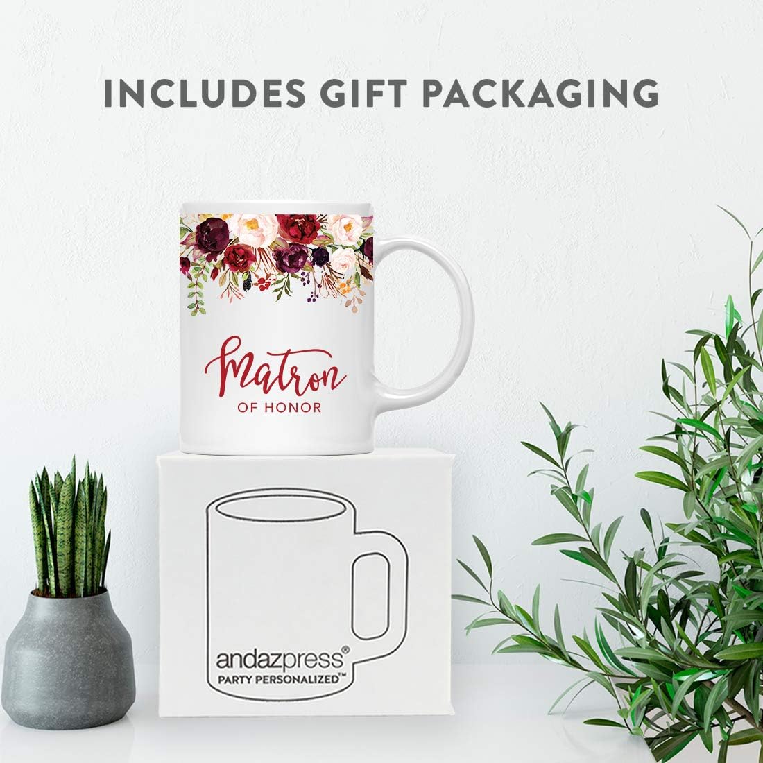 Andaz Press 11oz. Wedding Ceramic Coffee Tea Mug Gift, Fall Autumn Marsala Burgundy Flowers Roses Florals, Matron of Honor, 1-Pack, Includes Gift Box