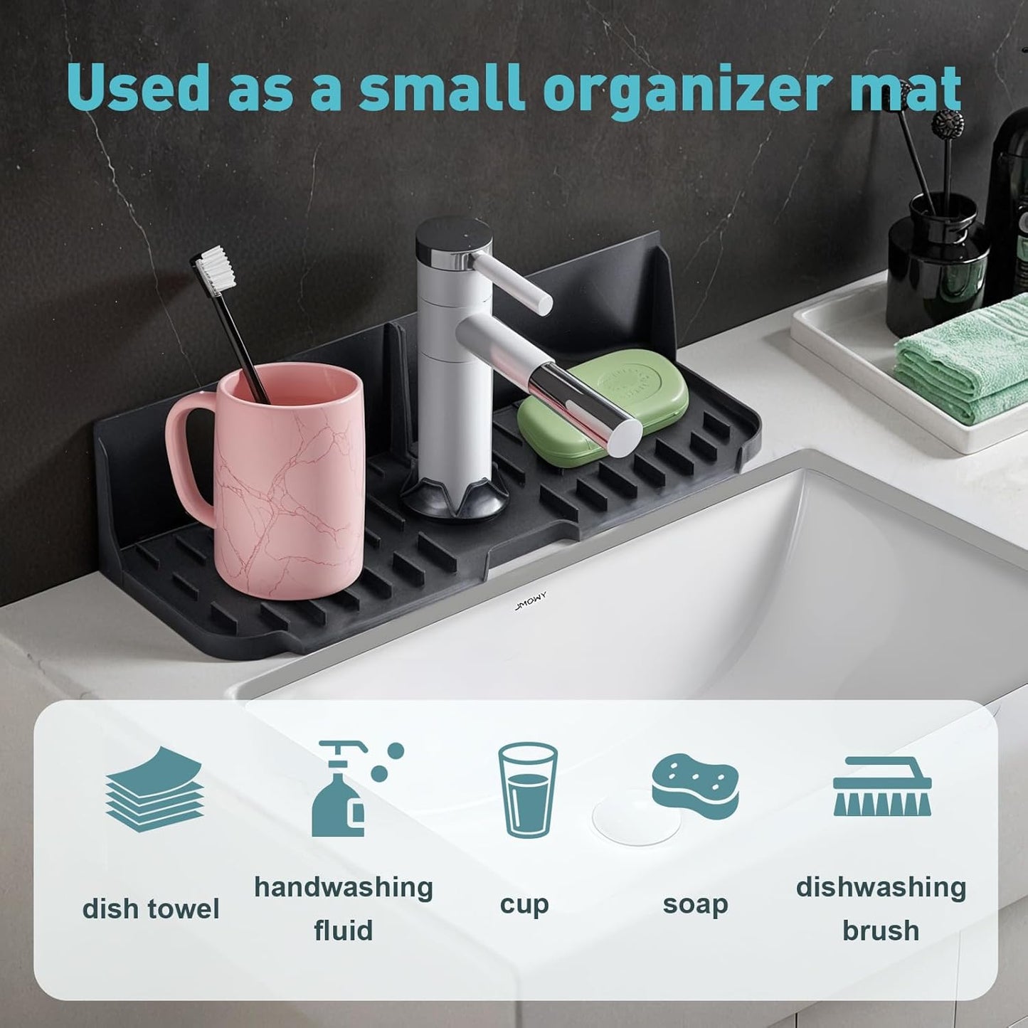 Silicone Kitchen Sink auto Drain Organizer, Kitchen countertop and Sink Splash Guard.Kitchen Sponge Rack and organizing Shelf，Suitable for Cleaning Tools, dispensers, Bottles, Cups (Black)