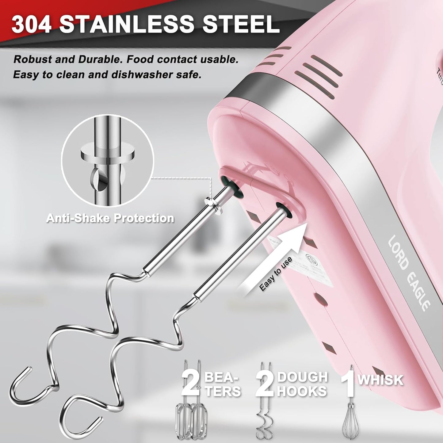 Lord Eagle Hand Mixer Electric 400W, 5 Speed handheld Mixer, 5 Stainless Steel Accessories for Baking Cake Egg Cream Food Beater, Turbo Boost/Self-Control Speed + Eject Button