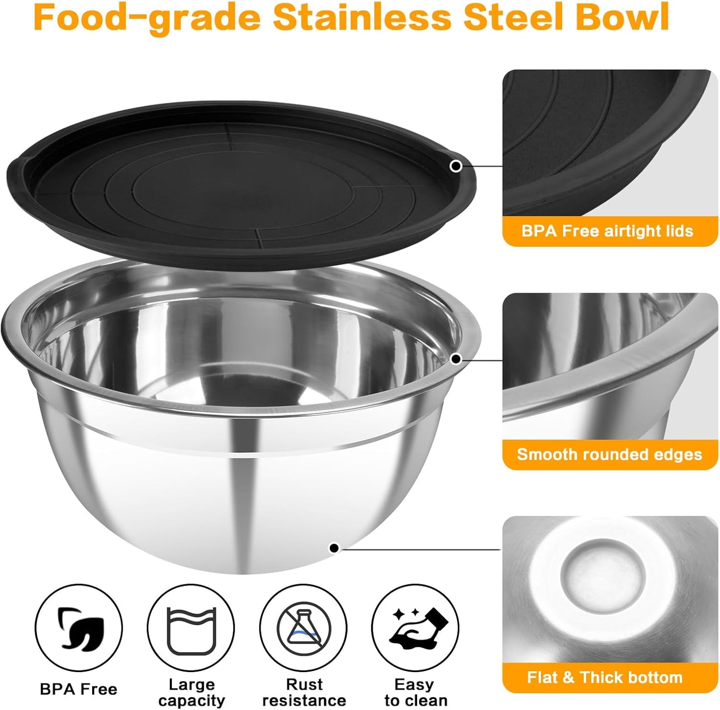7 Piece Metal Mixing Bowls with Lids Set, Stainless Steel Nesting Design Salad Mixing Bowl Set for Kitchen Cooking, Baking, Prepping and Serving Food (Size 0.7, 1.1, 1.5, 2.1, 3.5, 4, 4.5QT)