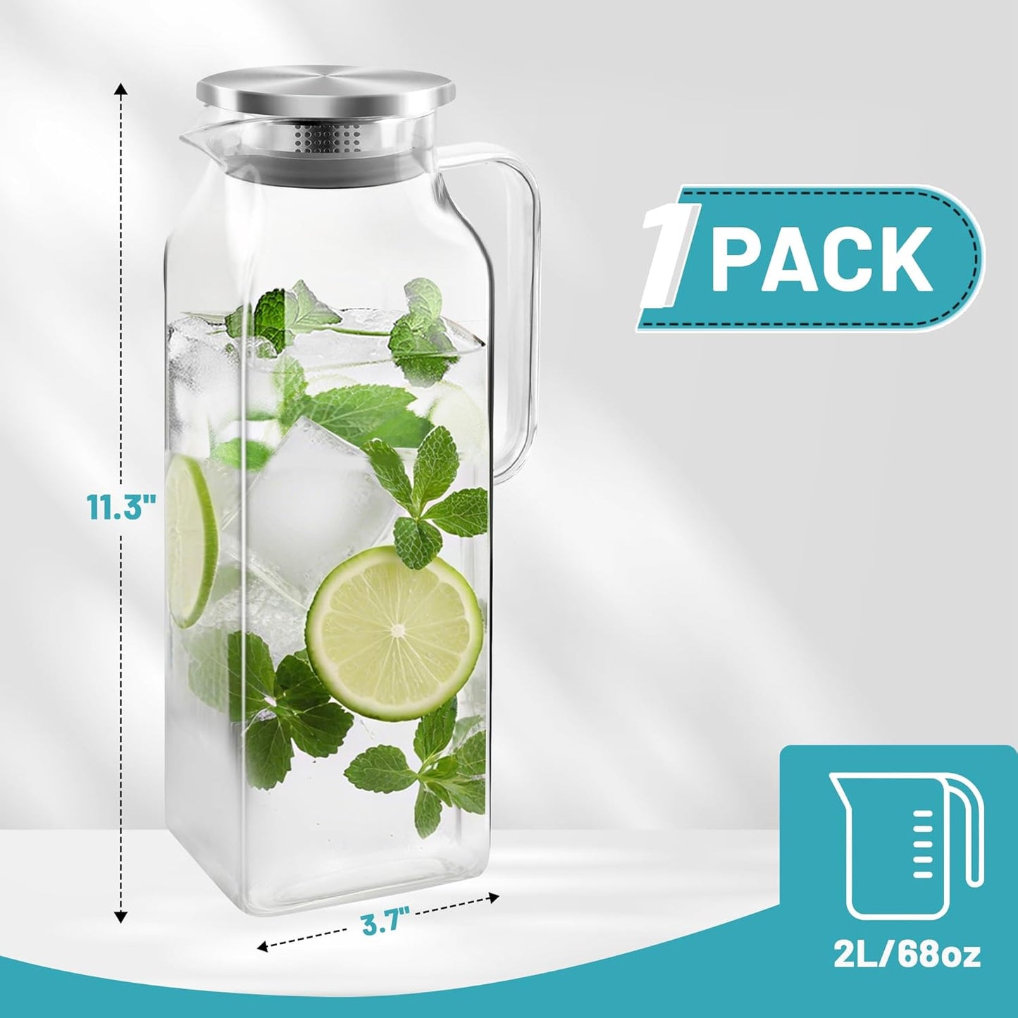 68 Oz Square Glass Pitcher with Lid and Spout, 2 Quart Lightweight Water Pitchers for Hot/Cold Drink, Heat Resistant, Borosilicate Jugs, Glass Carafe with Handle,Ideal for Fridge Storage(1Pack)