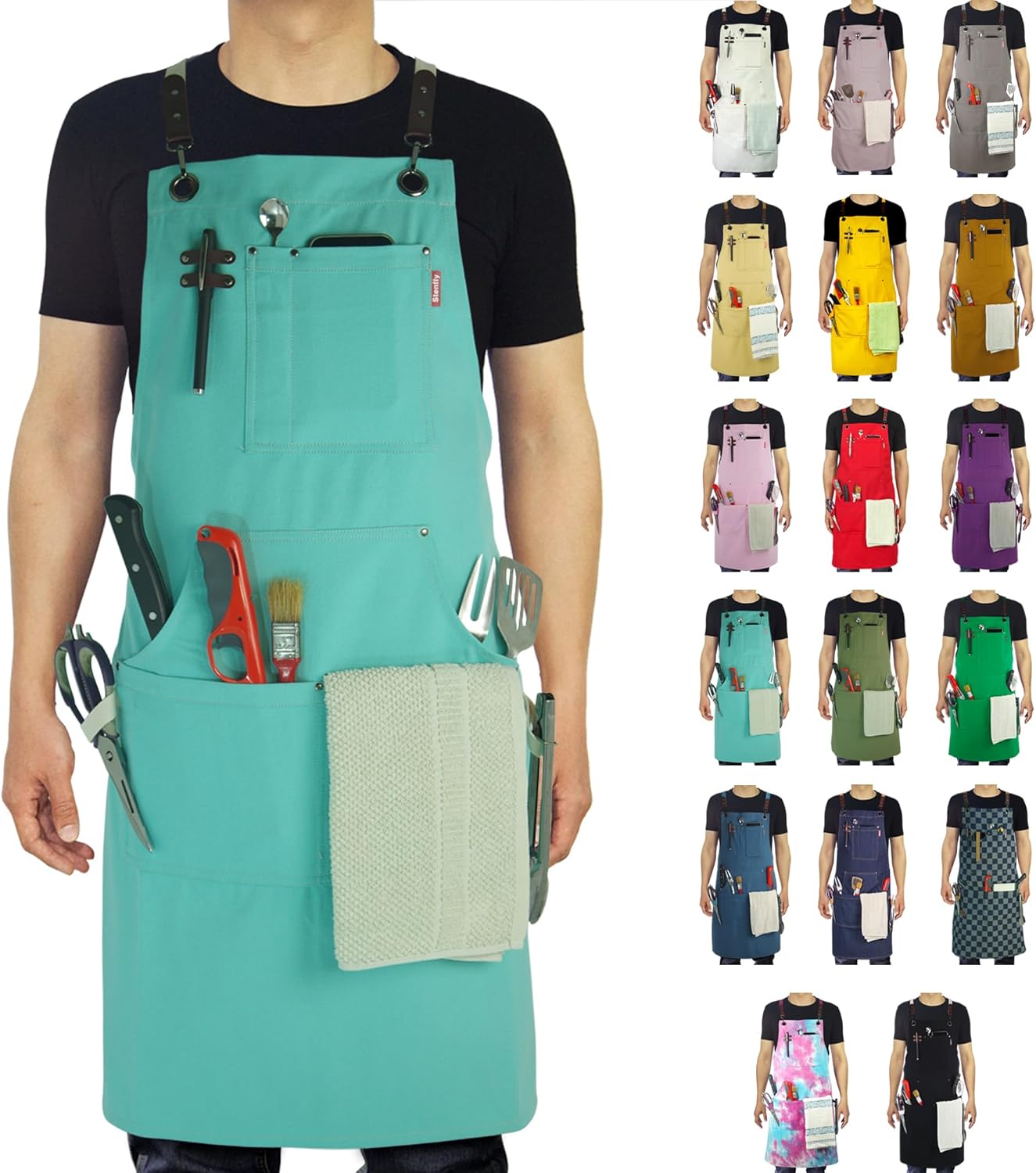 Kitchen Apron, Work Apron, Canvas, Multiple Pockets, Gardening, Painting, BBQ, Artist, Carpenter, Sizes M to XXL, Ice Blue