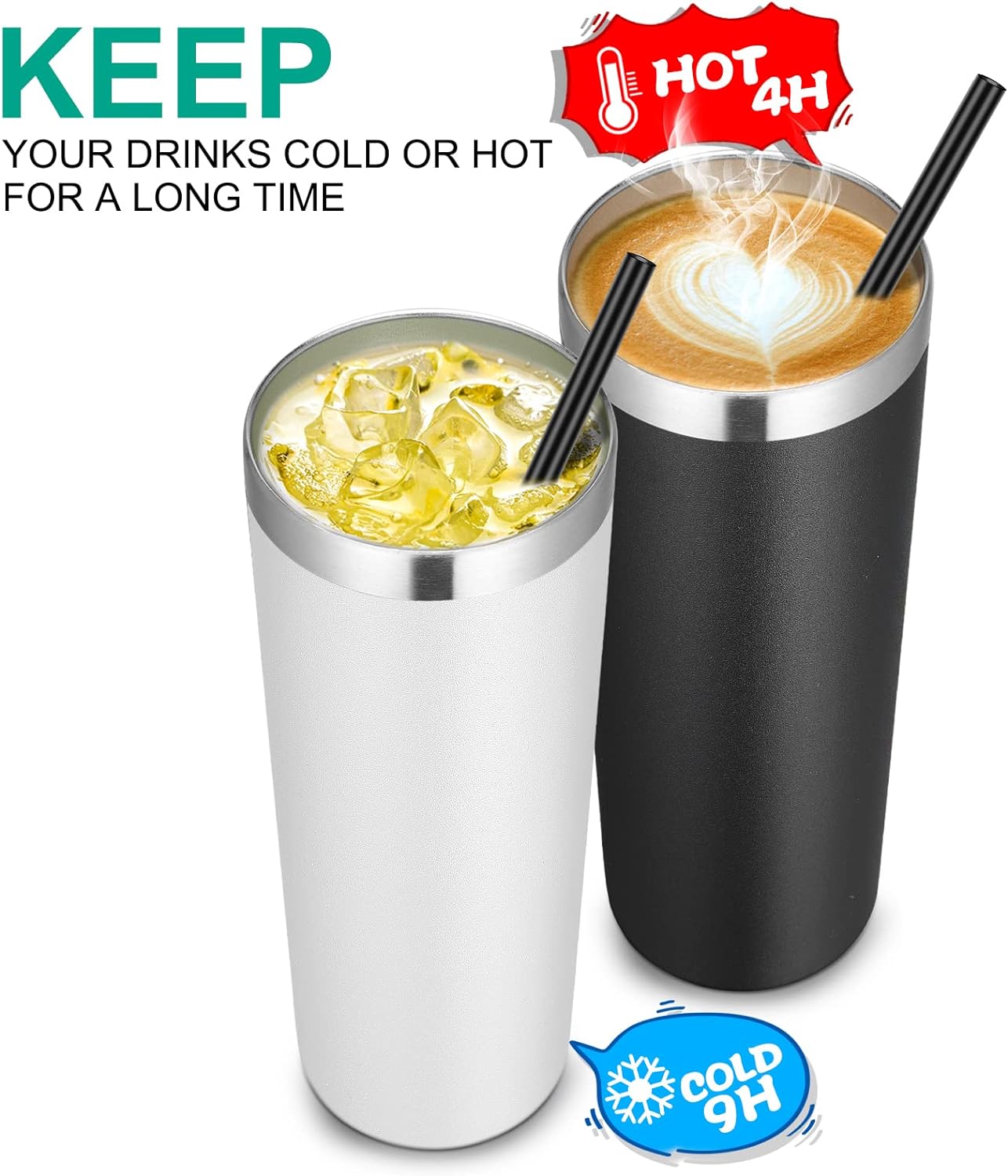 VEGOND Stainless Steel Tumblers Bulk 6 Pack, 20 oz Vacuum Insulated Skinny Tumblers with Lid and Straw, Double Wall Coffee Mug, Travel Water Cup, White