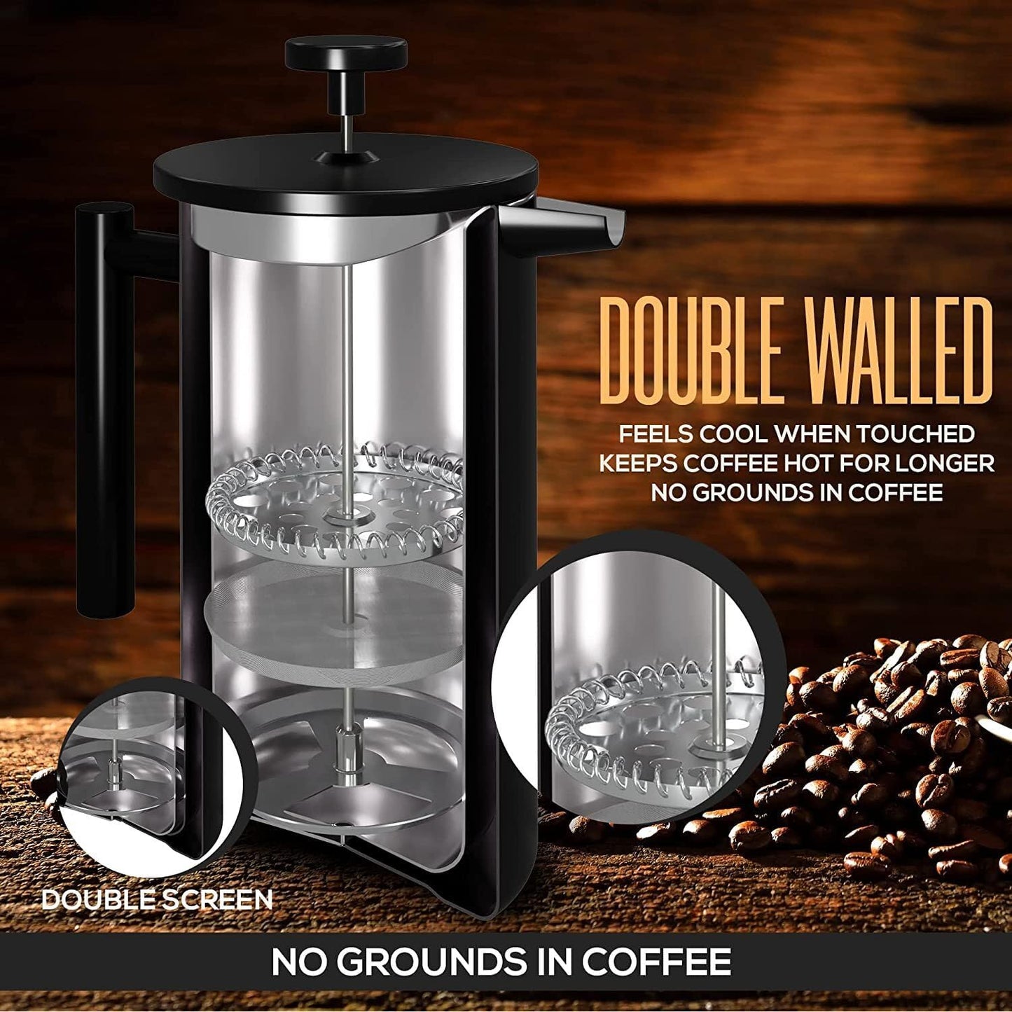 French Press Coffee Maker,Stainless Steel Double Wall Insulated Coffee Press 34 oz,4-8 Cups, Portable Hot Cold Brew Teapot Cafetera for Coffee Bar Accessories Kitchen Camping (Black,34oz)