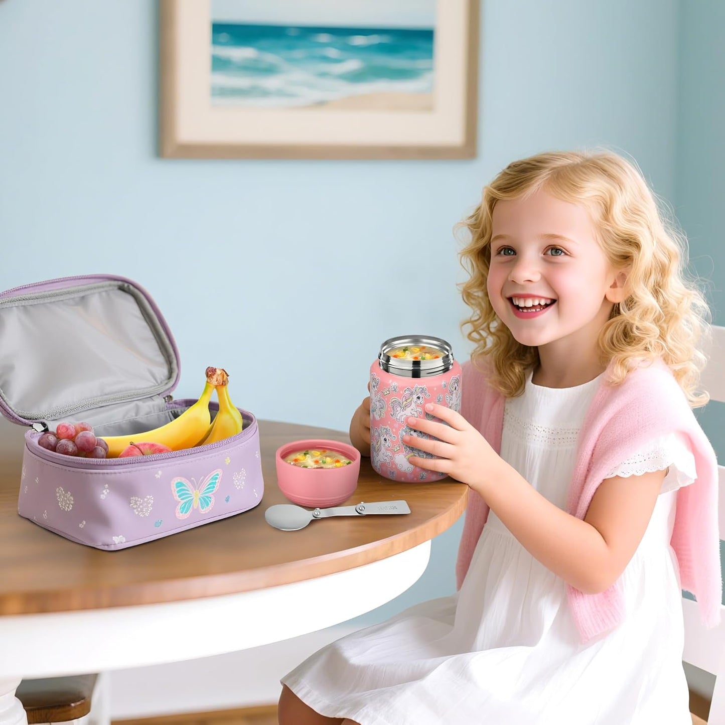 Soup Thermo for Hot Food Kids 16oz Insulated Food Jar Leakproof Thermo Lunch Container for Kids Wide-Mouth Stainless Steel Lunch Box for School with Handle Folding Spoon(3+)