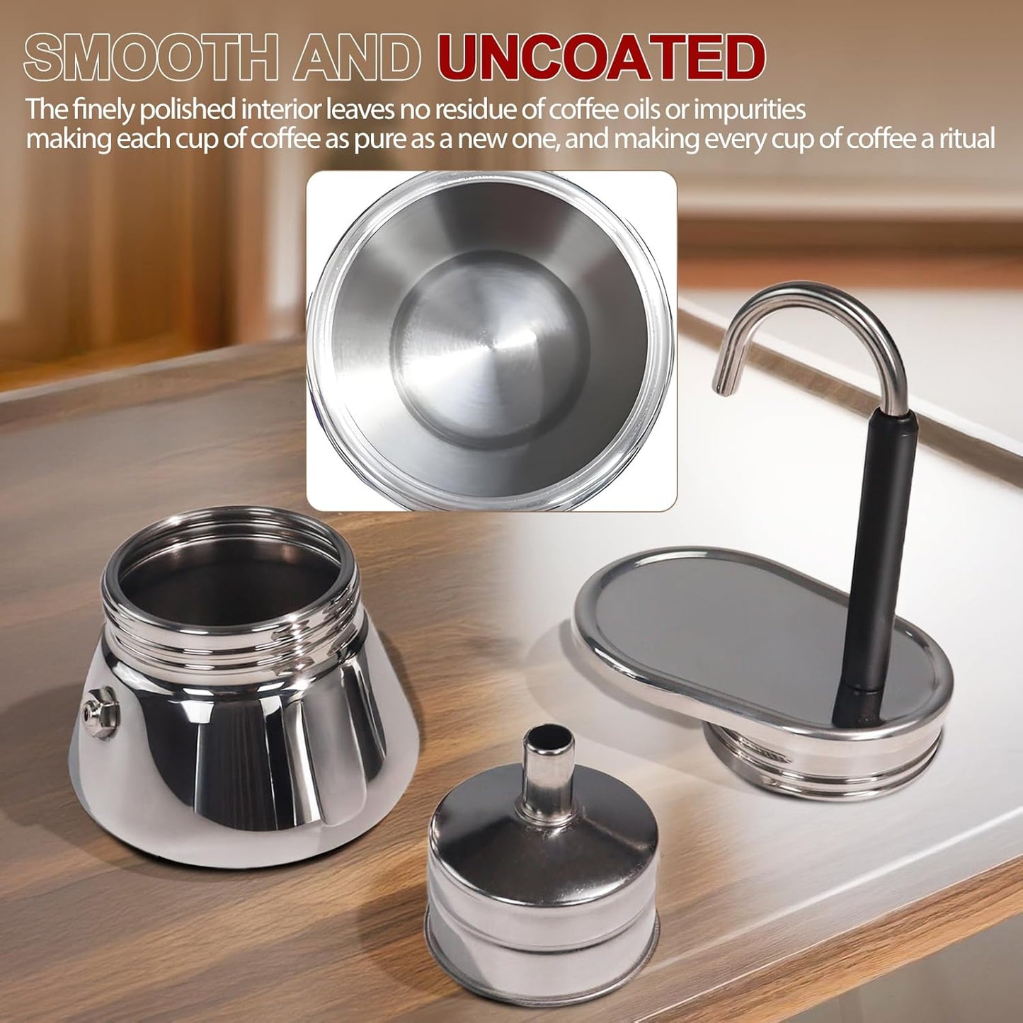 Uncoated 1 Cup Single Tube Moka Pot 304 Thickened Stainless Steel Mini Coffee Maker Stovetop Espresso Coffeemaker Italian Classic Style Brewing Greca Cafe Mocha Machine for Camping Travel Home 90ml