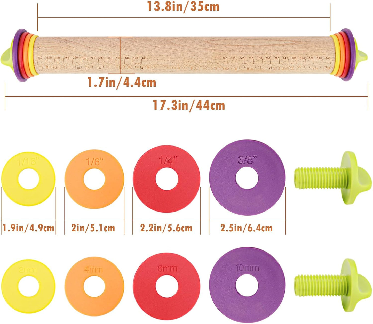 17Inch Wooden Rolling Pin, Rolling Pin with 4 Adjustable Thickness Ring, Graduated Rolling Pin for Baking, Fondant, Pizza, Crust, Cookies, Pastry