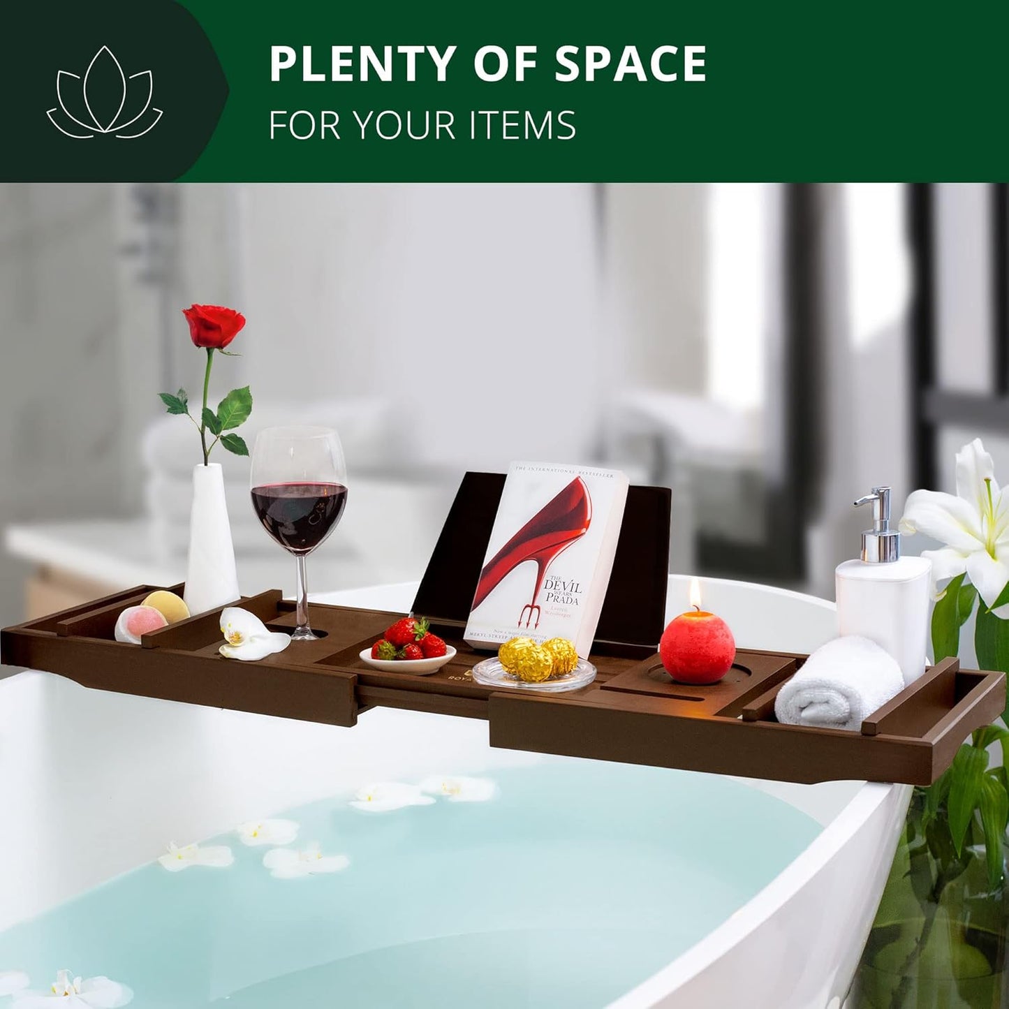 ROYAL CRAFT WOOD Non-Foldable Bathtub Tray - Wood Bath Tray for Tub, Bamboo Bathtub Shelf, Expandable Bath Table Trays, Luxury Bathroom Accessories for New Home & Unique Gift for Women