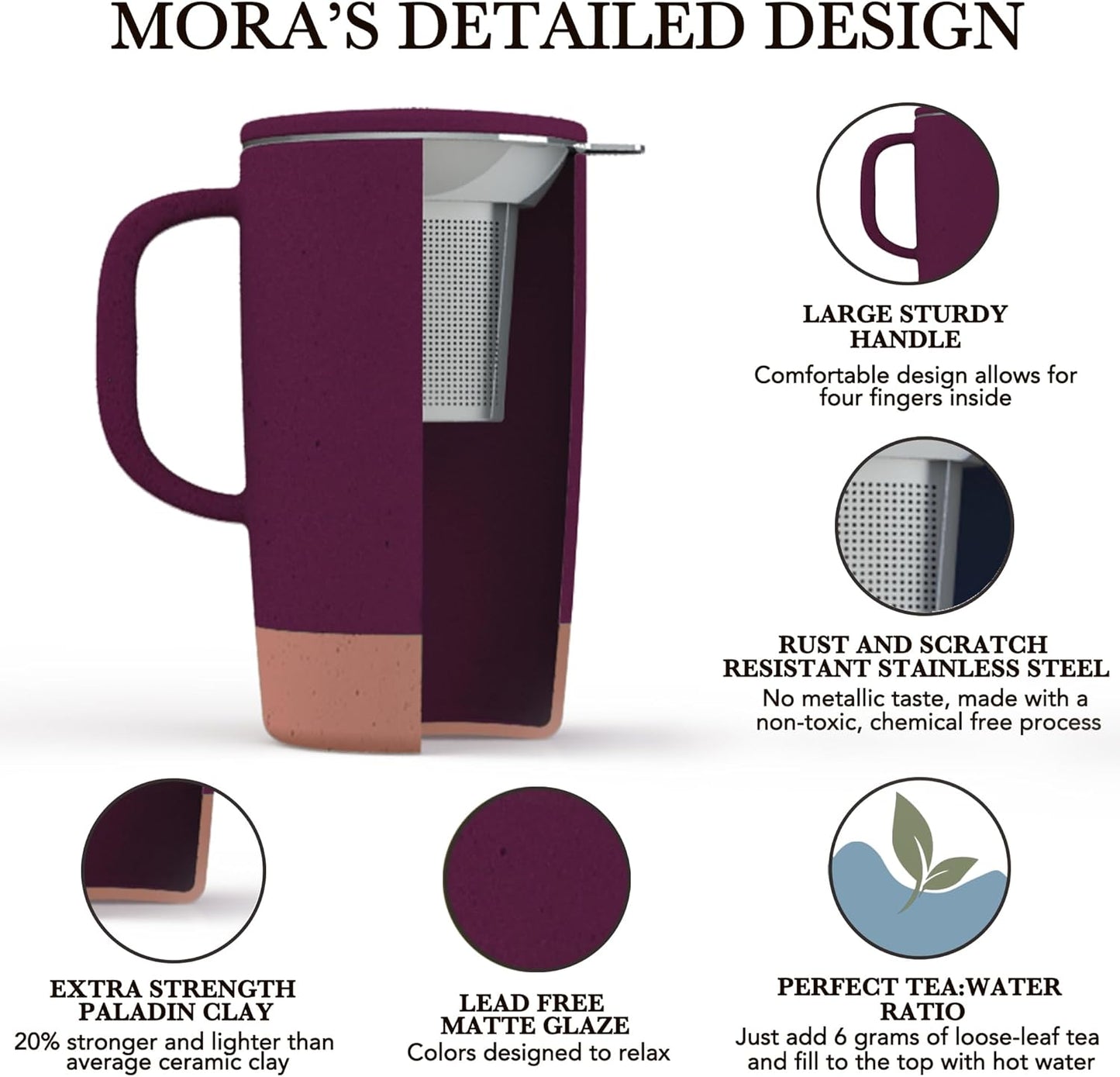 Mora Ceramics Large Tea Mug with Loose Leaf Infuser and Ceramic Lid, 18 oz, Portable, Microwave and Dishwasher Safe, Tall Coffee Cup - Rustic Matte Ceramic Glaze, Modern Herbal Tea Strainer, Merlot