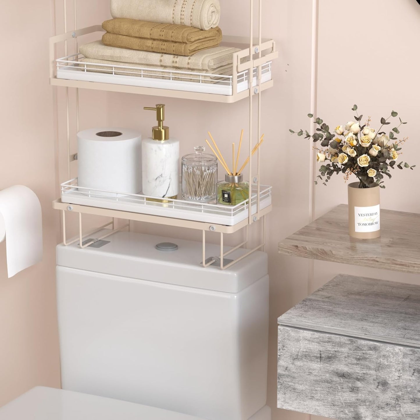 Oak Bathroom Toilet Tank Tray, 13" Wood Toilet Paper Storage Basket Tray Back of Toilet Basket Organizer,for Perfume Makeup Candle Kitchen Counter Coffee Table Decor White