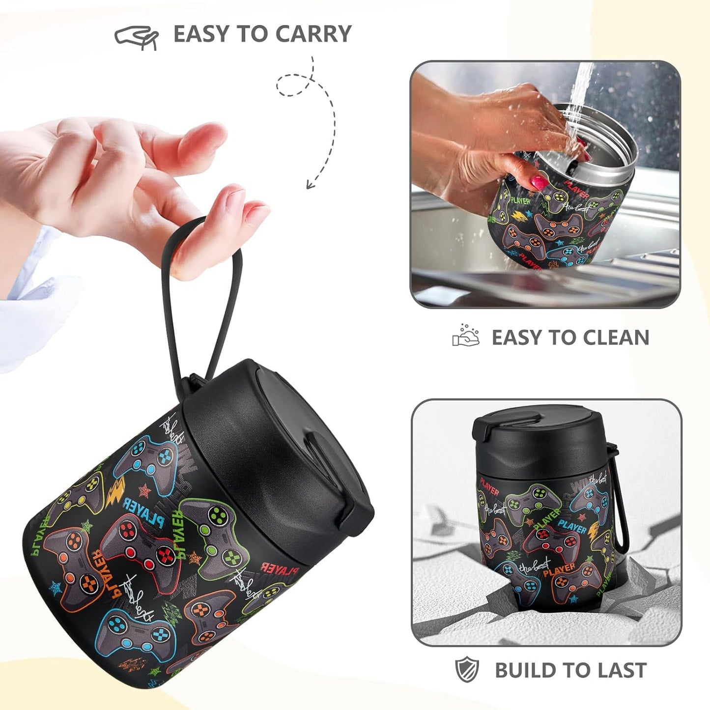 17oz Soup Thermo for Hot Food Kids Insulated Vacuum Food Jar with Stainless Steel Spoon Wide Mouth Thermo Leakproof Lunch Food Container Kids Hot Lunch Box (Black-Game)