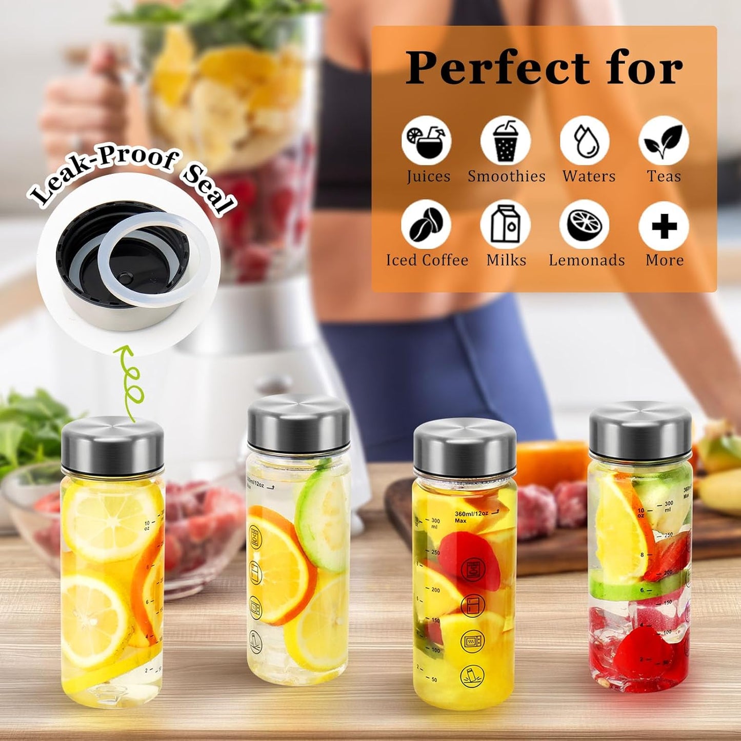 4 Pack Juice Bottles with Caps - Wide Mouth Resuable Clear Plastic Water Bottles for Juicing,Smoothie,Protein, Beverage,Storage Containers,BPA Free,Leakproof Stainless Steel Lid(12 Ounces)