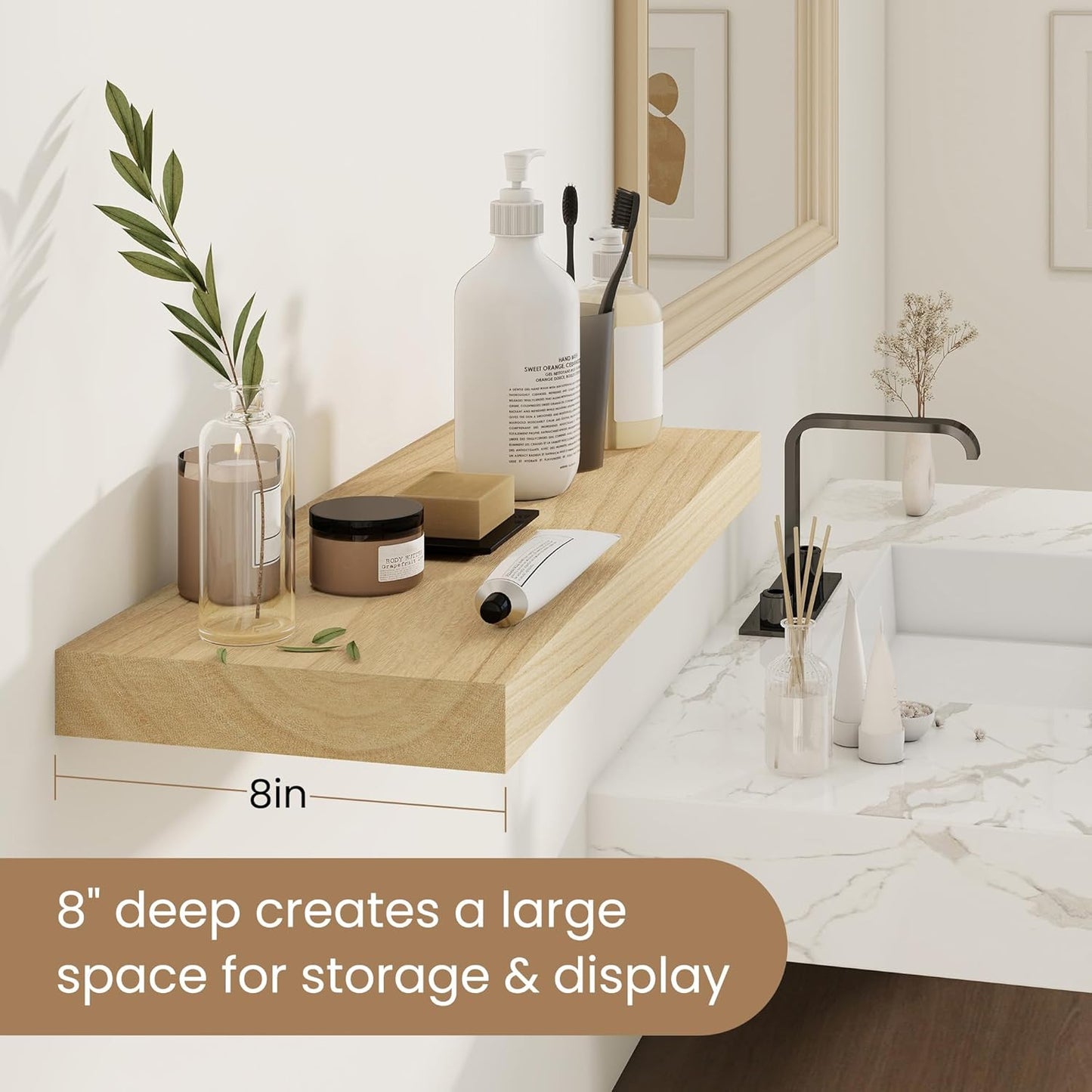 Floating Shelves for Wall, Real Wood Floating Shelf Set of 2, 8 Inch Deep Floating Shelves, Rustic Wood Wall Shelf for Home Decor, Deep Storage Shelves for Bathroom, Kitchen, 16"W x 8"D, Burlywood