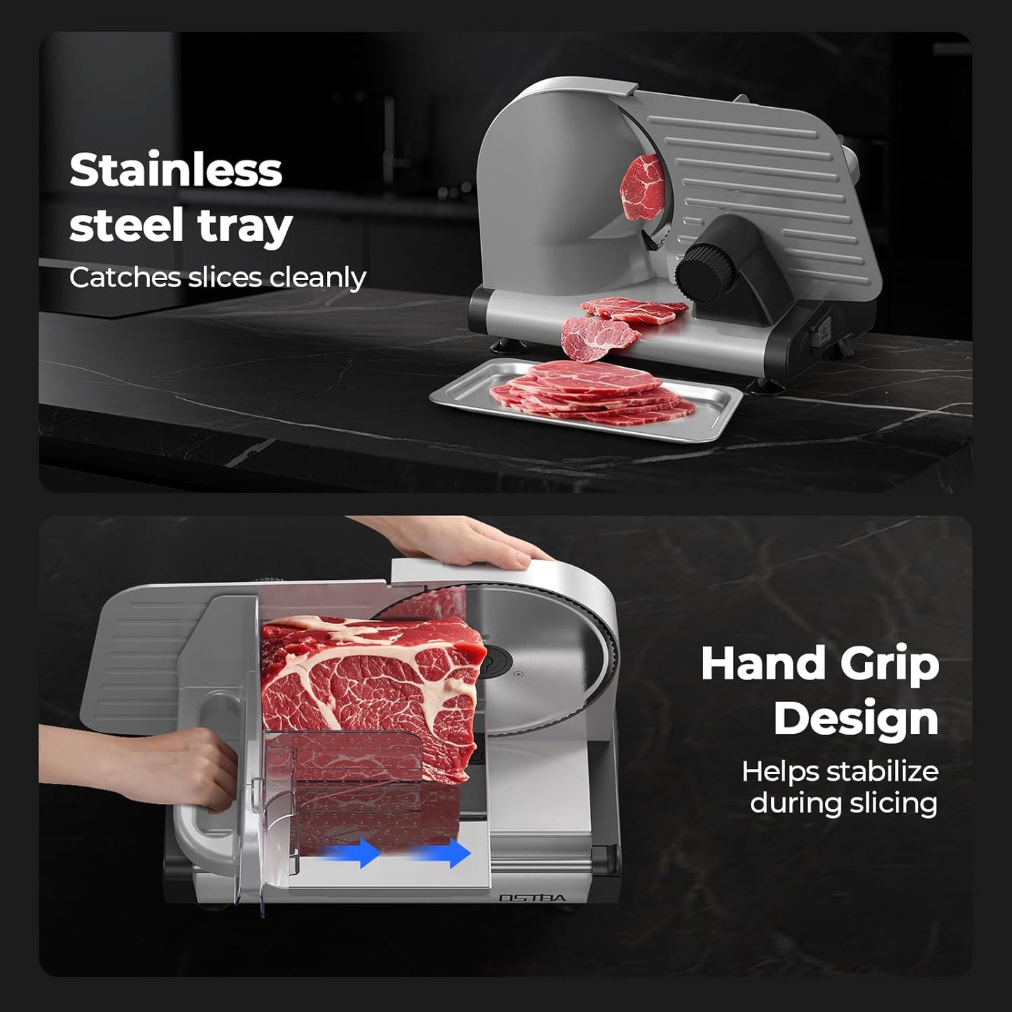 OSTBA Electric Meat Slicer with 200W DC Motor, 2 Removable 8.7” Stainless Steel Blades, Adjustable Thickness 0–15mm, Food Tray & Hand Grip, Deli Food Slicer for Meat, Cheese, Bread, Vegetables