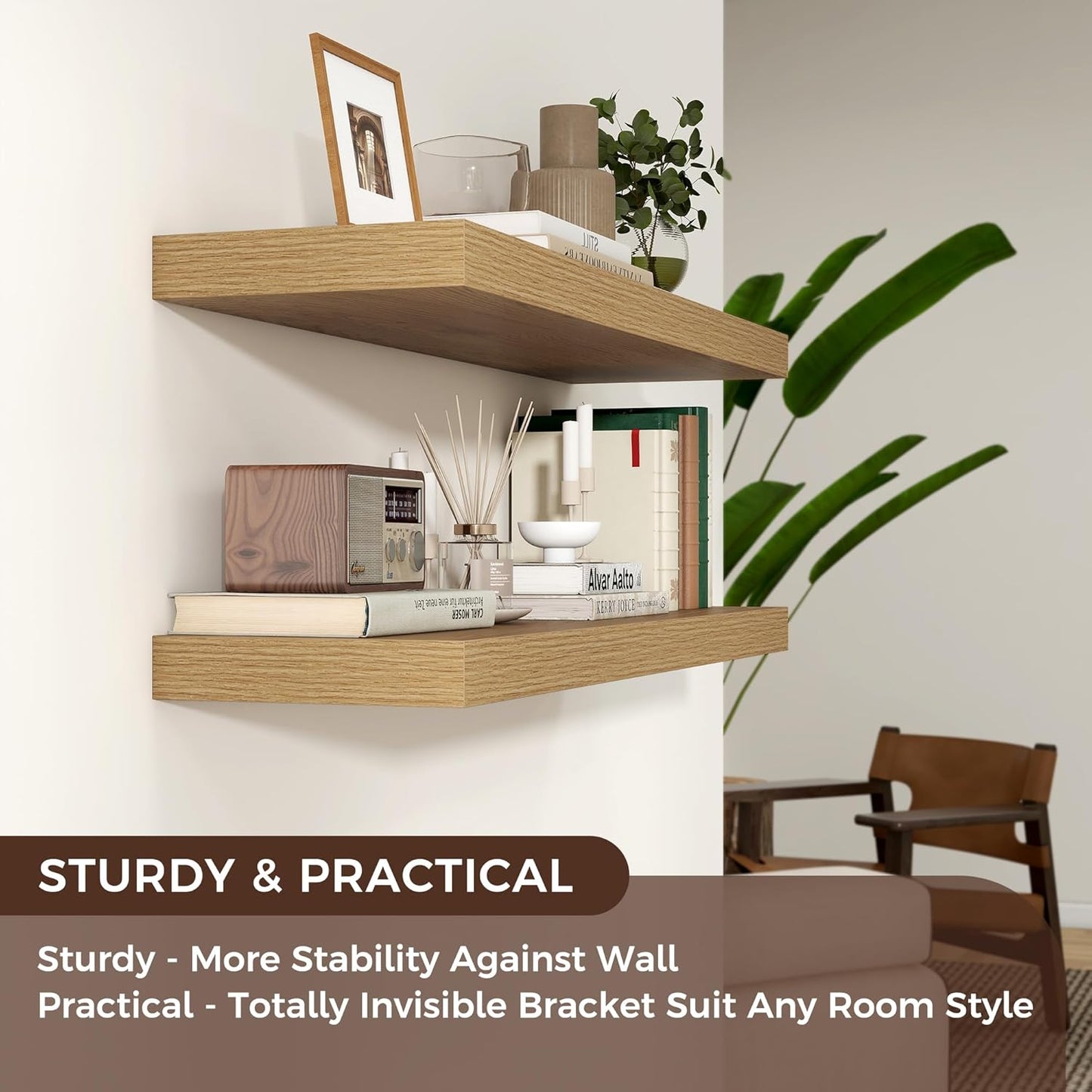 Floating Shelves - 2 Large Wall Mounted Shelves with Invisible Brackets, Long Wood Floating Wall Shelf for Living Room, Bedroom, Kitchen (Oak, 36" W x 9" D x 1.5" H)