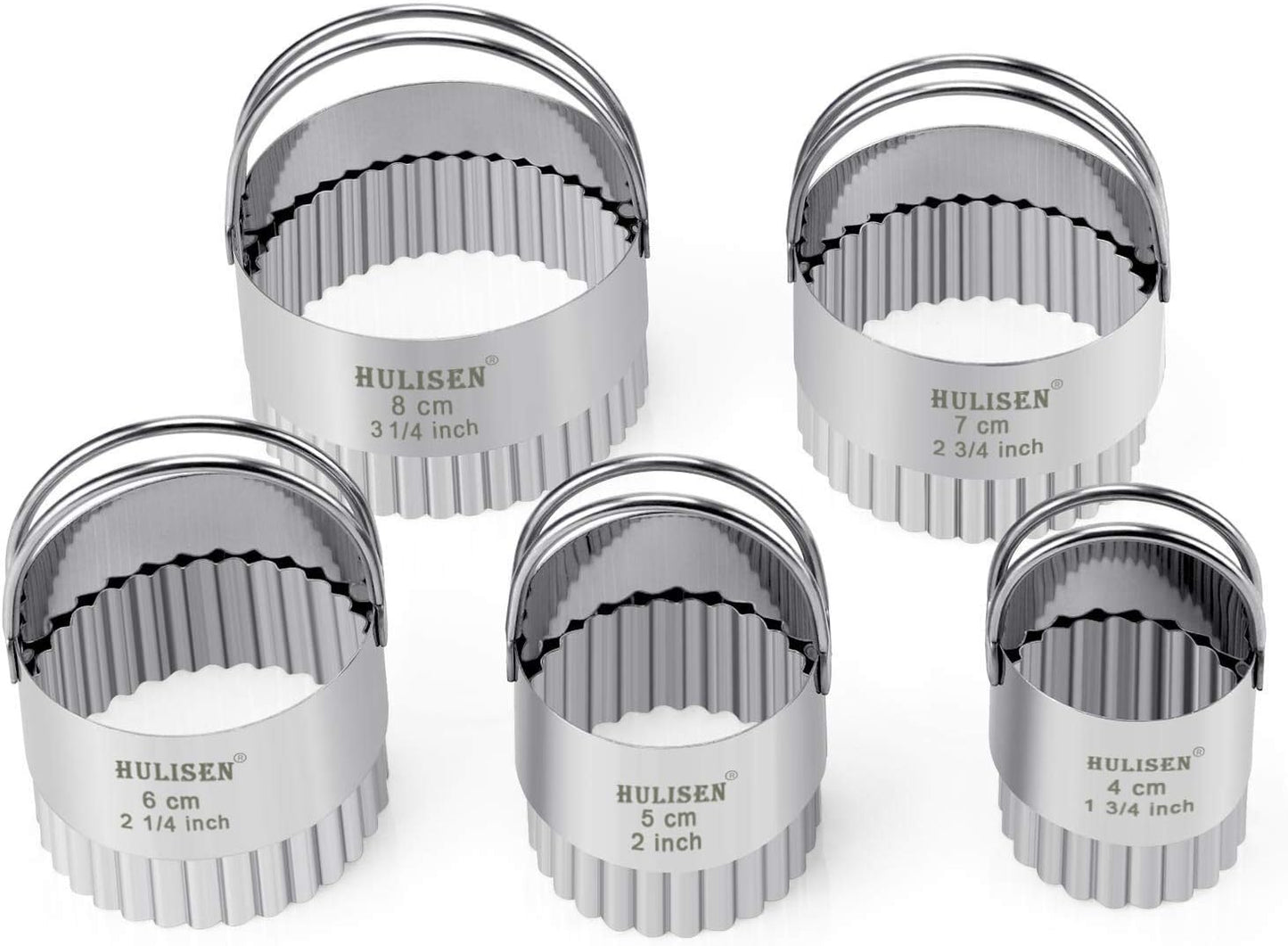 HULISEN Biscuit Cutter Set (5 Pieces/Set), Stainless Steel Round Biscuit Cutters with Handle, Wave Cookies Cutter with Fluted Edge, Professional Baking Dough Tools, Gift Package (Wave)