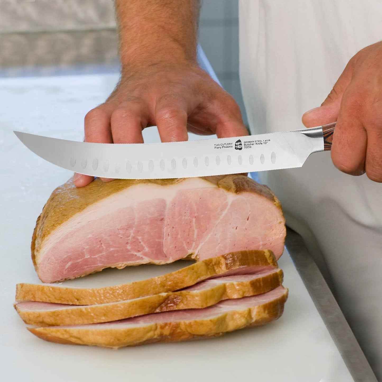 TUO Cimitar Butcher Knife - 10 inch Curved Breaking Knives for Slicing & Carving Pro Meat Chopping Cleaver - German HC Steel Full Tang Pakkawood handle - Fiery Series Gift Box Included