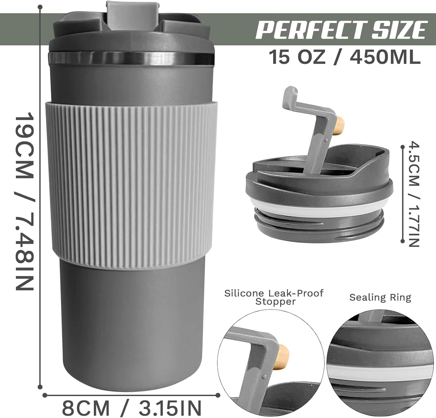 YINBAOGE Insulated Travel Coffee Mug Spill Proof Leak Proof Pobtable To Go Camping Stainless Steel Coffee Tumbler Reusable Coffee Cups with Lids Thermos for Hot and Cold Drink (4th-Gray, 15OZ)