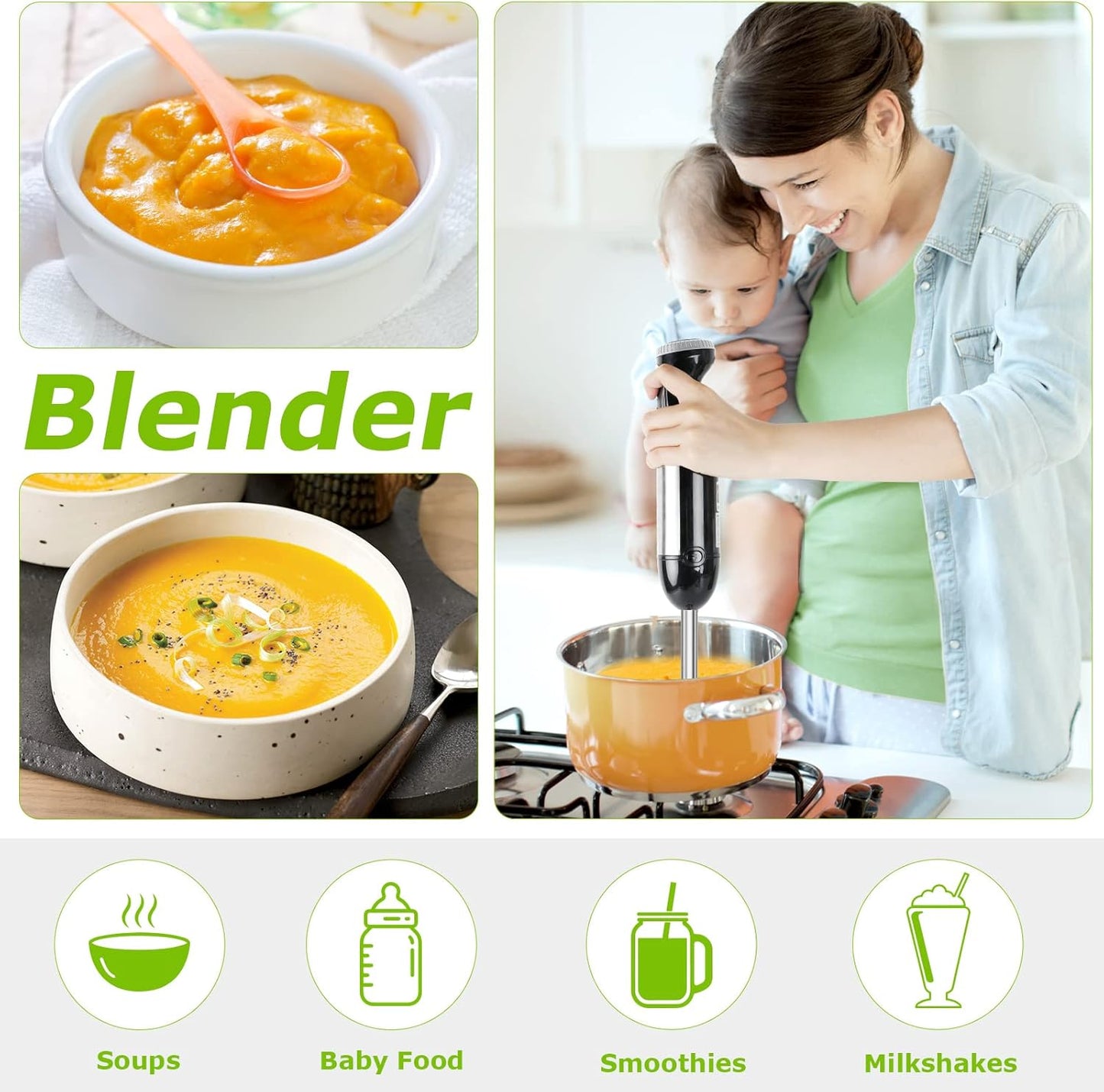 Bonsenkitchen 4-in-1 Immersion Blender Handheld, 20 Speeds Hand Blender with Turbo Mode, Stainless Steel Blade, Egg Whisk, Beaker & Chopper Bowl, Stick Mixer for Soup, Smoothie, Puree, Baby Food