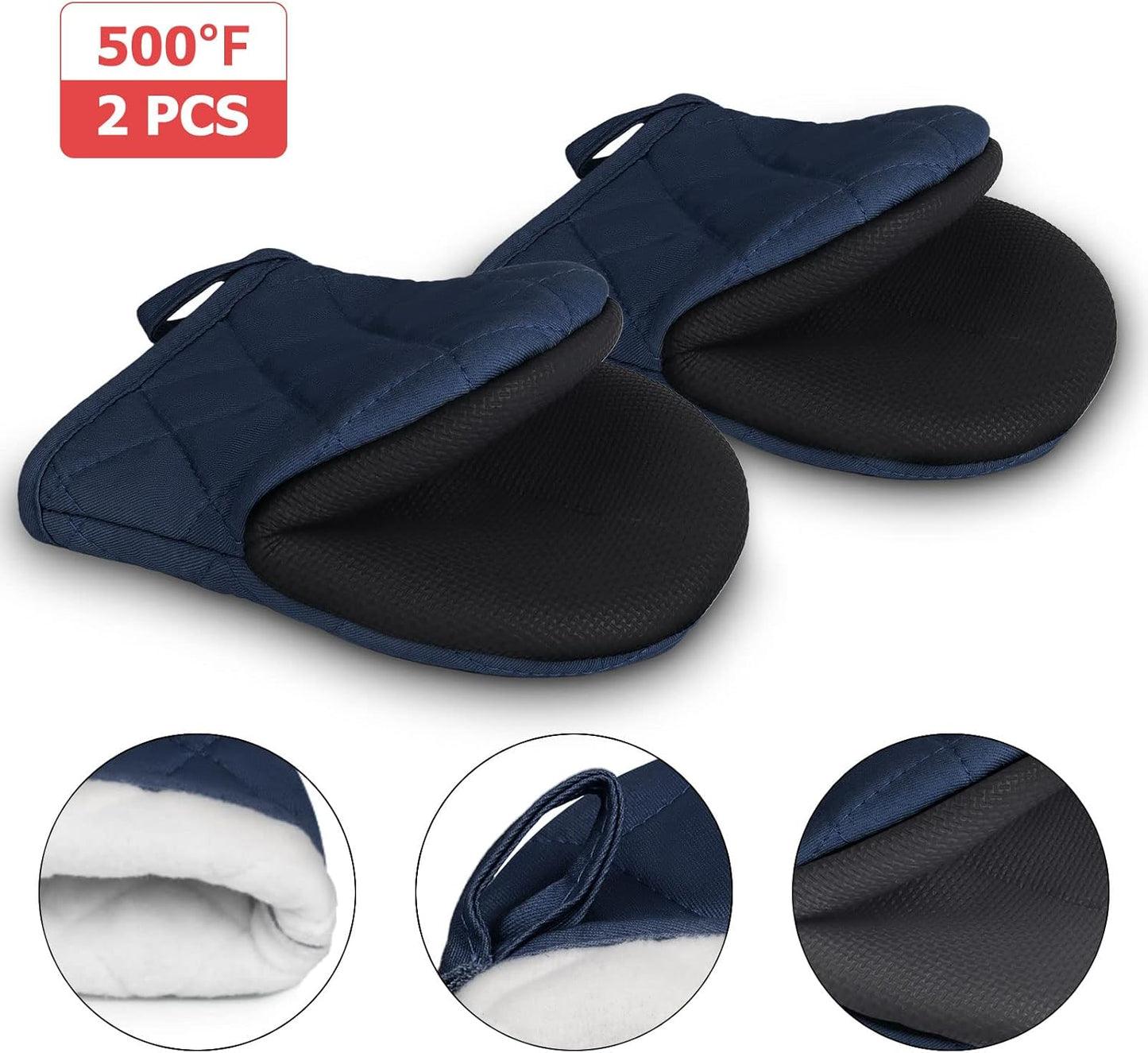 1 Pair Short Oven Mitts, Heat Resistant Silicone Kitchen Mini Oven Mitts for 500 Degrees, Non-Slip Grip Surfaces and Hanging Loop Gloves, Baking Grilling Barbecue Microwave Machine Washable