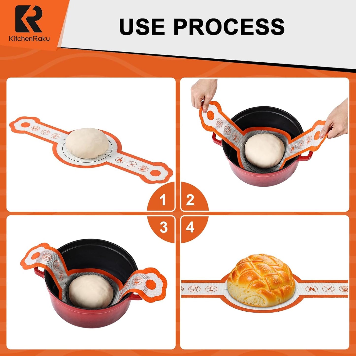 Cook's Aid 2 Pcs Silicone Bread Sling for Dutch Oven, Non-Stick Bread Baking Mat Set, Reusable Sourdough Bread Sling with Long Handles for Easier Transfer for Dough