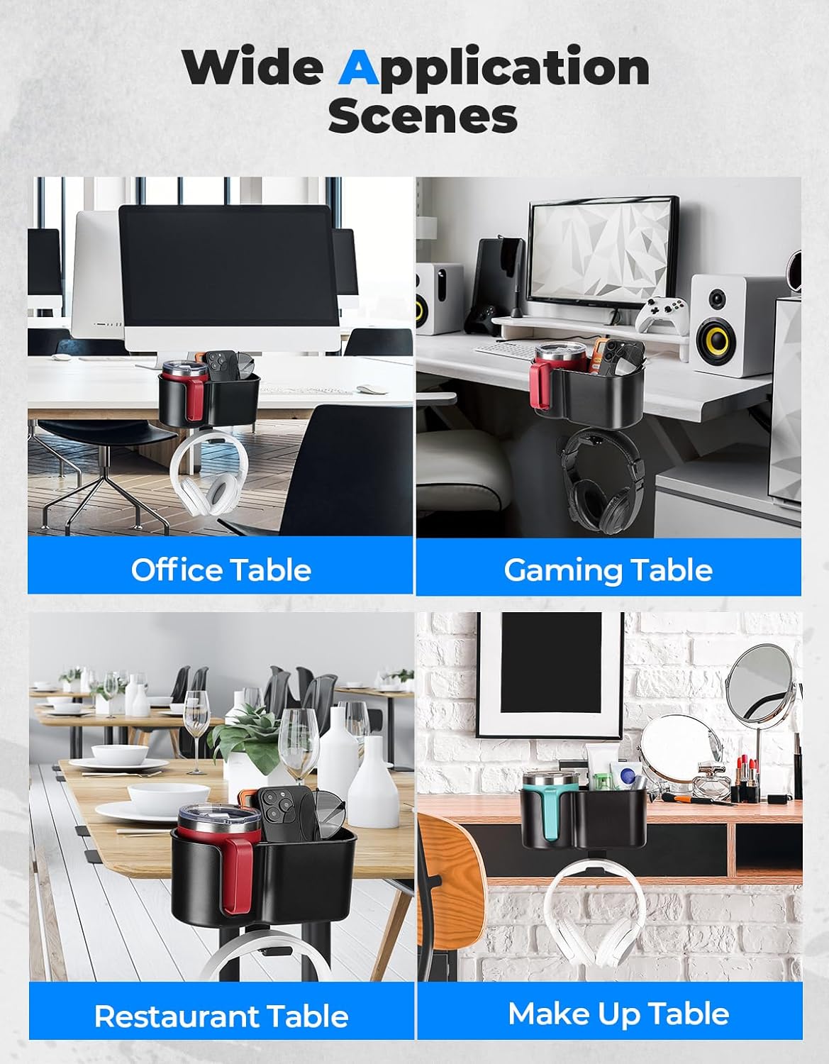 KEMIMOTO Desk Cup Holder with Headphone Hanger, 2 in 1 Caddy Organizer for Office Table, Lawn Chair, Golf Cart, Pontoon Boat, Fit for Most 18-32 oz Bottles (1)