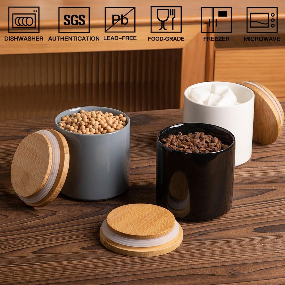 Sweejar Kitchen Ceramic Food Storage Containers, Stackable Canisters for Countertop with Airtight Boomboo Lids for Serving Ground Coffee, Tea, Sugar, Salt and More- 16 Fl Oz (White)