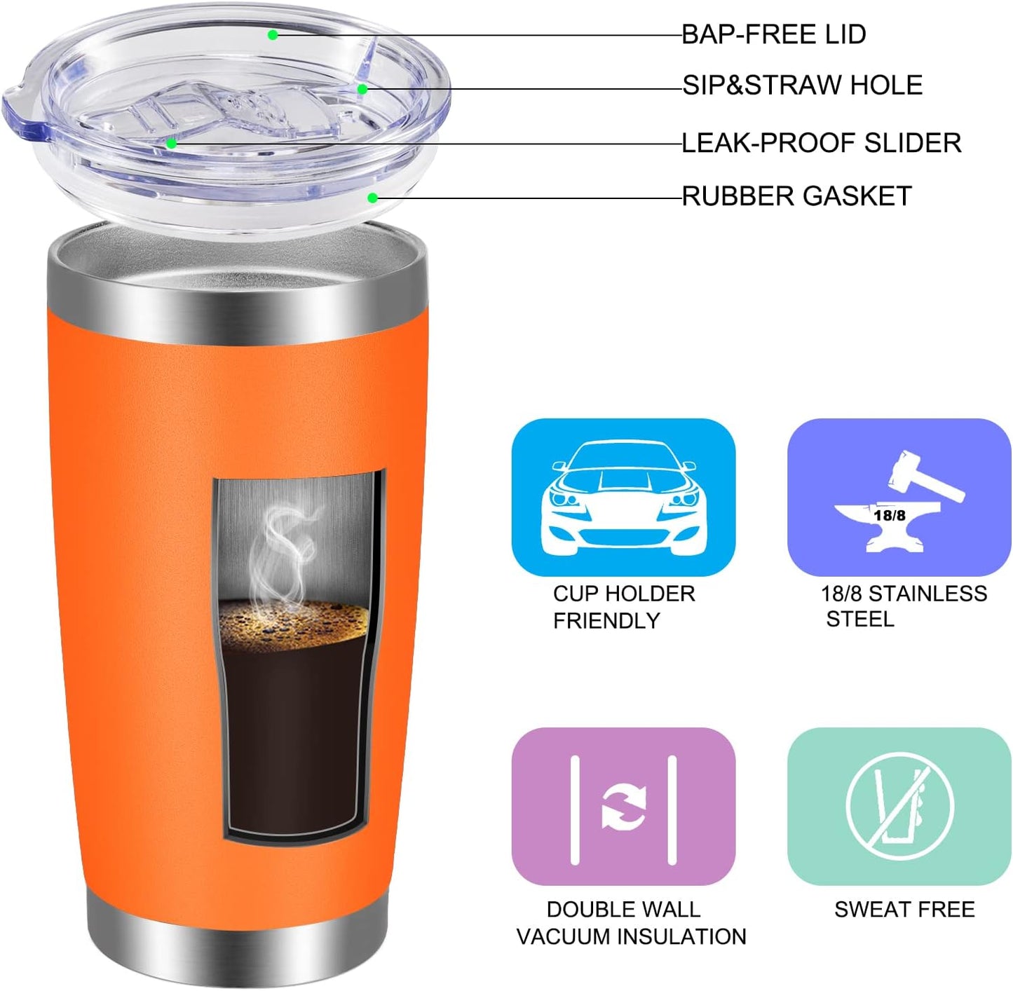VEGOND 20oz Tumbler with Lid and Straw Stainless Steel Tumbler Cup Vacuum Insulated Double Wall Travel Coffee Mug Powder Coated Coffee Cup(Orange 1 Pack)
