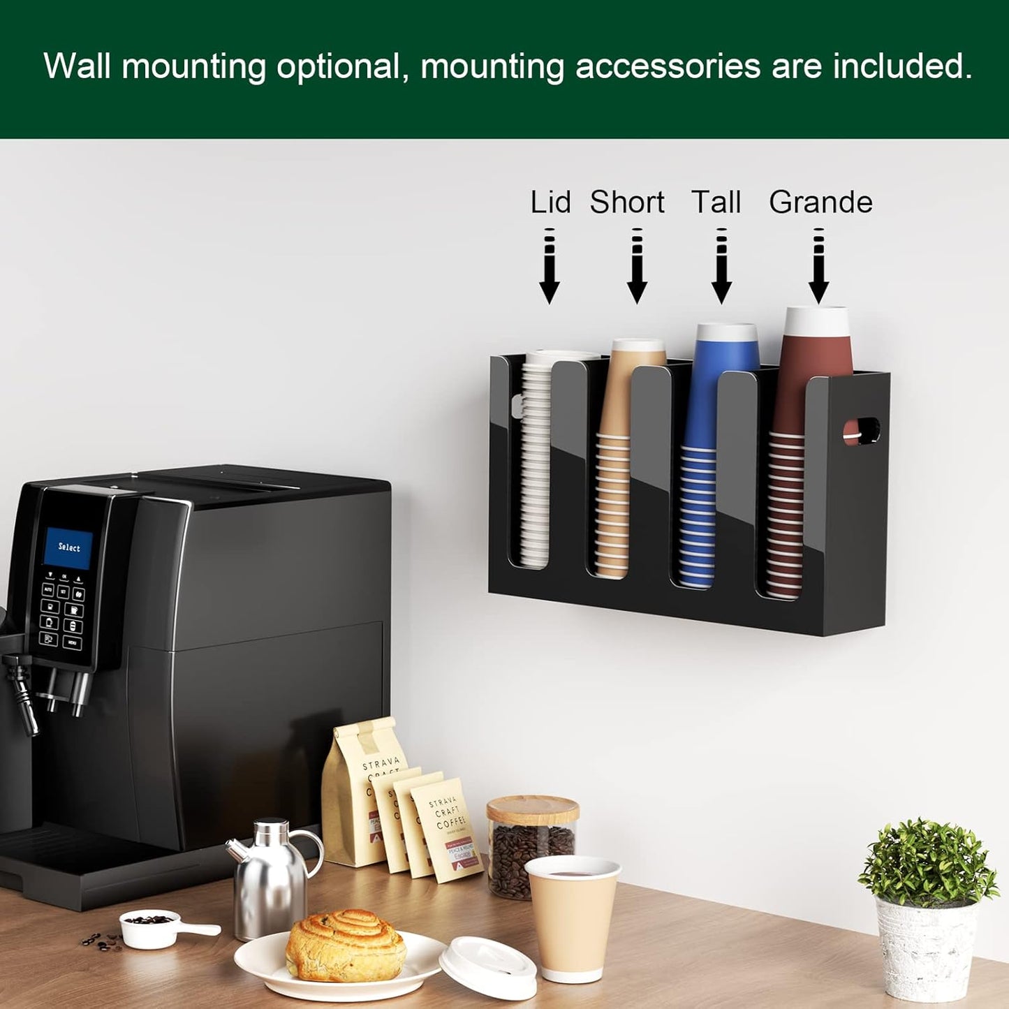 Disposable Coffee Cup Dispenser with Handles, Countertop or Wall Mount Hot/Cold Drink Cup and Lid Holder - Bathroom/Kitchen/Office Acrylic Cup Lid Storage Organizer (4 Compartments, Black)