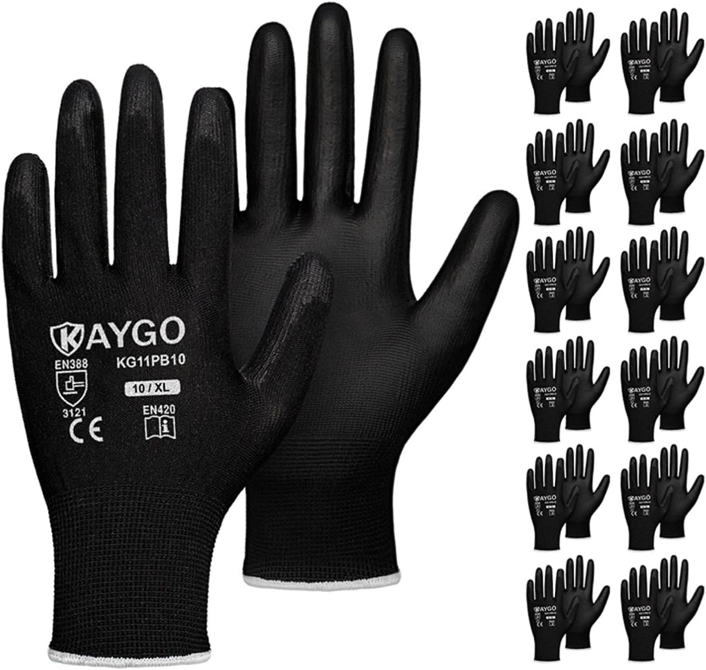 KAYGO Safety Work Gloves PU Coated,12 Pairs KG11PB Seamless Knit Glove for Men and Women, with Smooth Grip on Palm and Fingers, Ideal for General Duty Work (X-Large, Black)