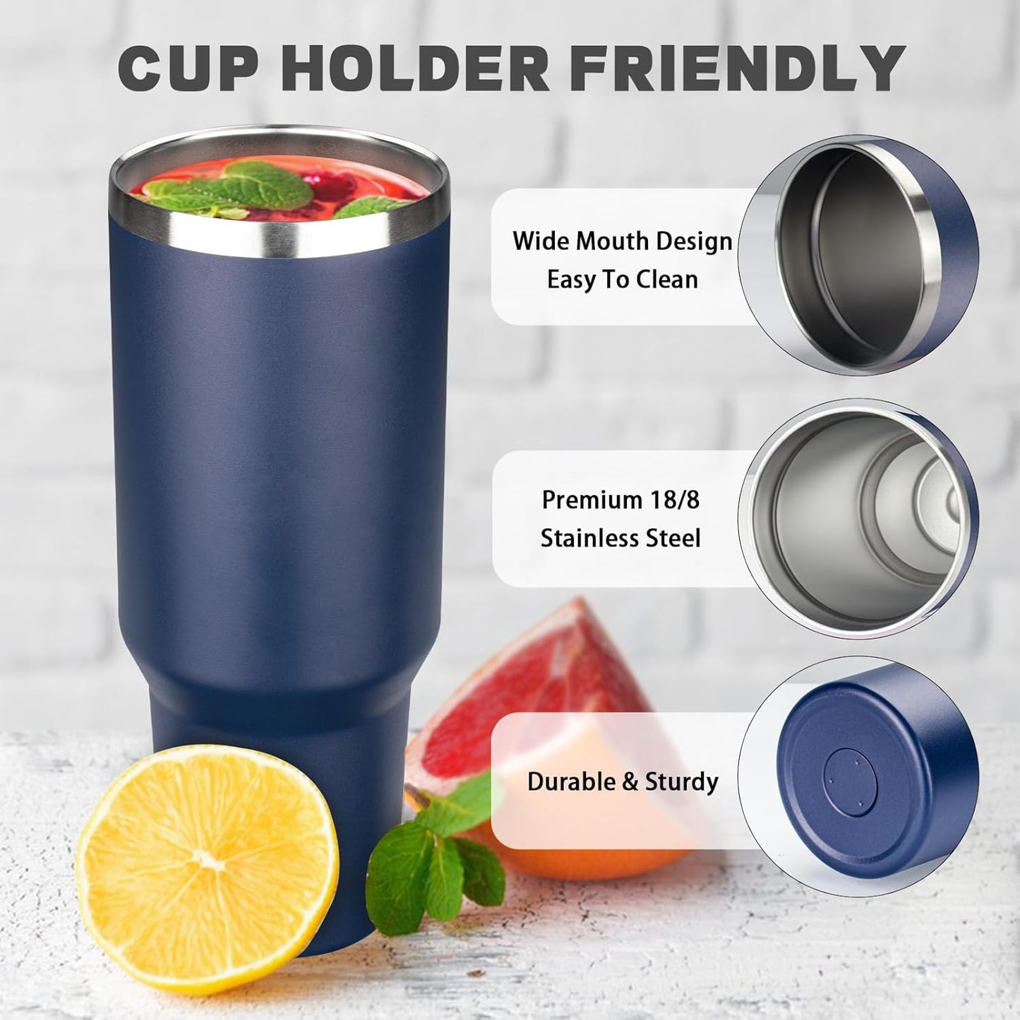40 oz Tumbler with Lids and Straws, Stainless Steel Insulated Coffee Tumbler, Double Wall Vacuum Insulated Travel Mug Cup, Leakproof Thermal Coffee Cup for Hot and Cold Drinks (Navy Blue)