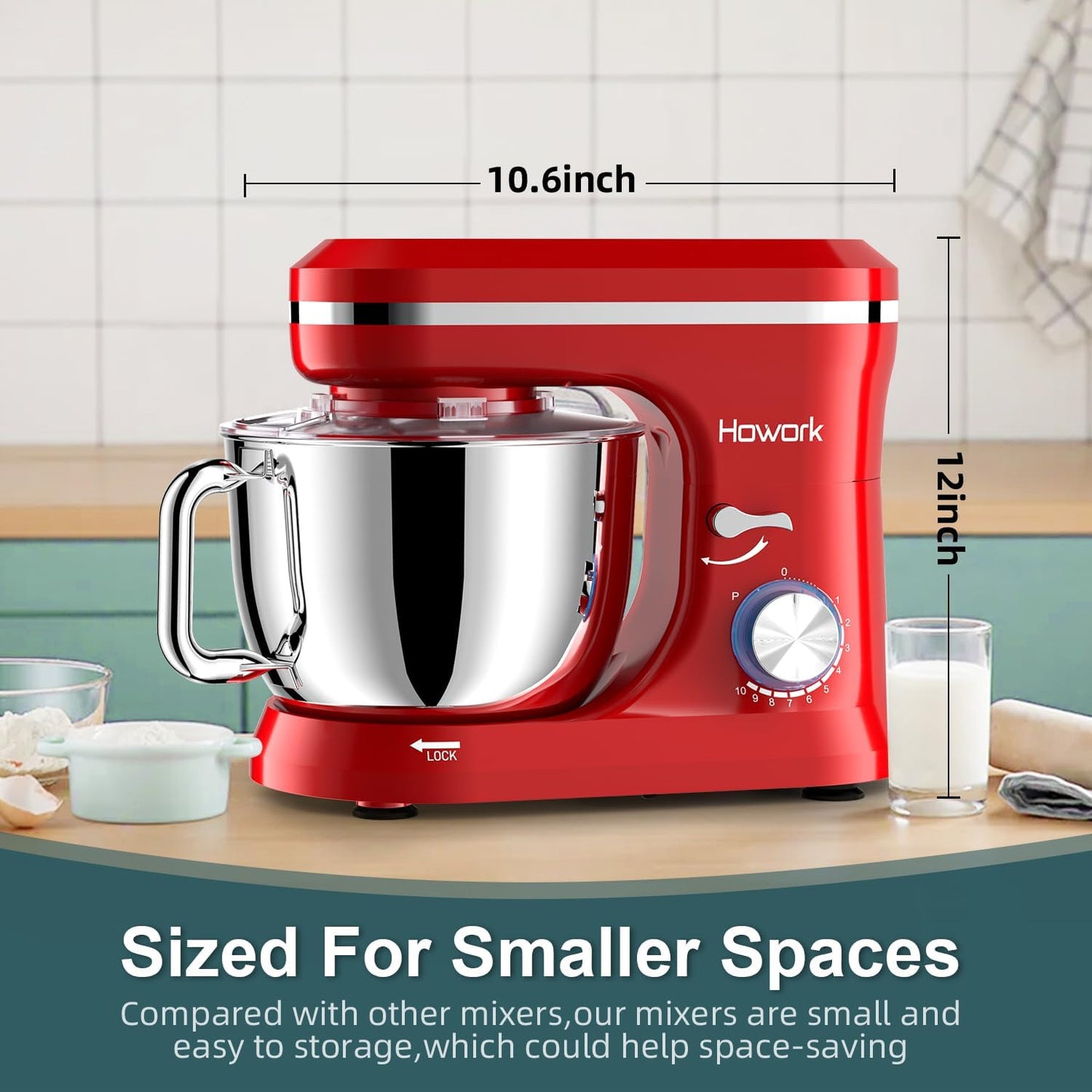 HOWORK Electric Stand Mixer,10+p Speeds With 6.5QT Stainless Steel Bowl,Dough Hook, Wire Whip & Beater,for Most Home Cooks,Bright Red