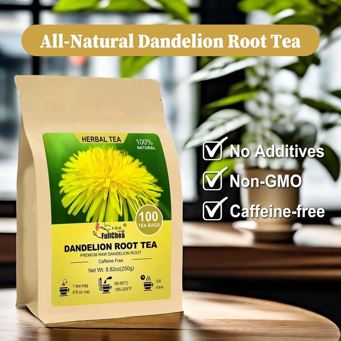 FullChea - Dandelion Root Tea Bags, 100 Teabags, 2.5g/bag - Premium Raw Dandelion Root Tea Detox - Non-GMO - Caffeine-free - Rich in Vitamins & Support Immune System