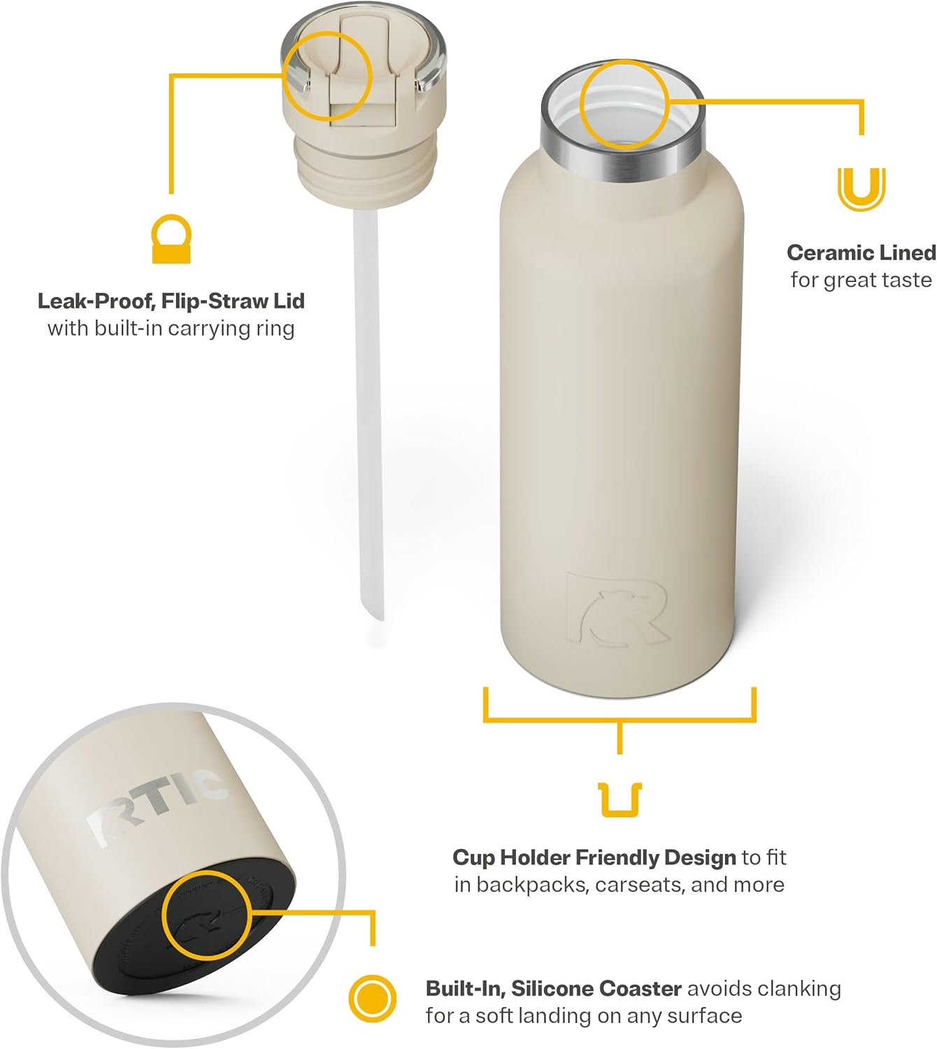 RTIC 16oz Journey Bottle Metal Stainless Steel Vacuum Insulated, BPA Free, Reusable, for Water, Hot and Cold Drinks, Travel, Sports, Camping, Beach