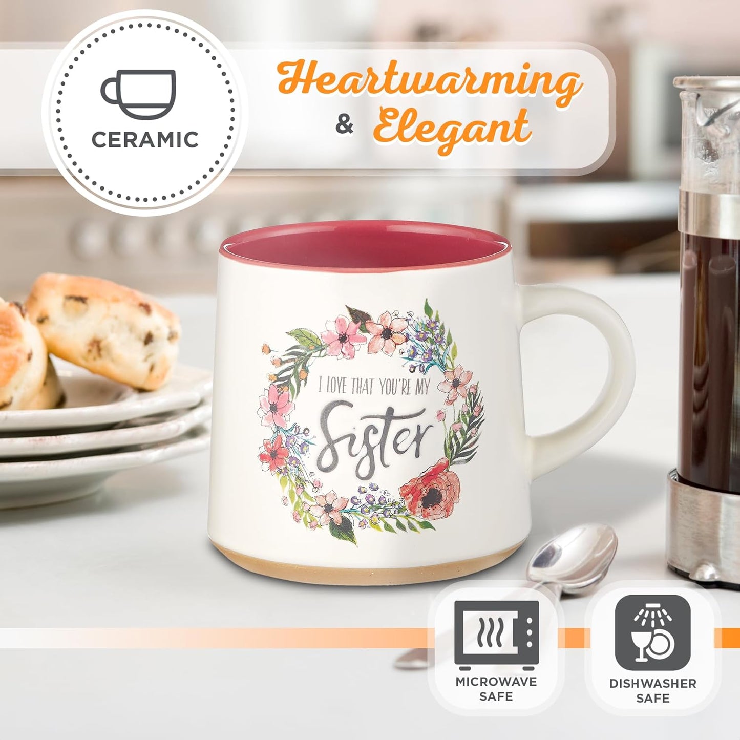 Christian Art Gifts Floral Pink Ceramic Coffee Mug – 14 oz. Microwave and Dishwasher-Safe Inspirational Scripture Coffee and Tea Mug for Women with Bible Verse: Love That You're My Sister –Eccles. 4:9