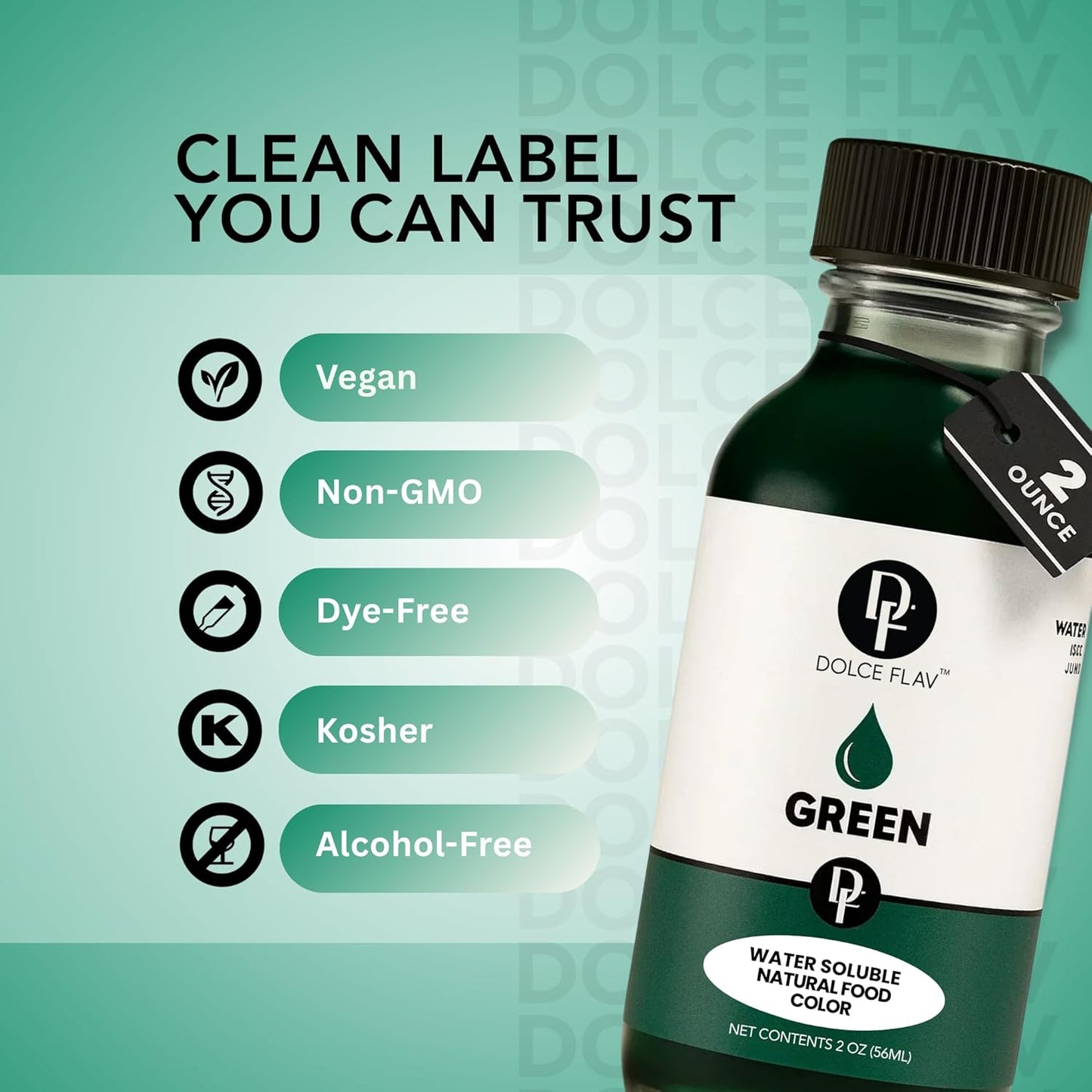 Dolce Flav Natural Green Food Coloring – 2 oz Vibrant Plant-Based Color from Green Apple | Water-Soluble Liquid Dye for Baking, Drinks & Frostings | Graduated Dropper Included | No Artificial Dyes | Kosher | Made in USA