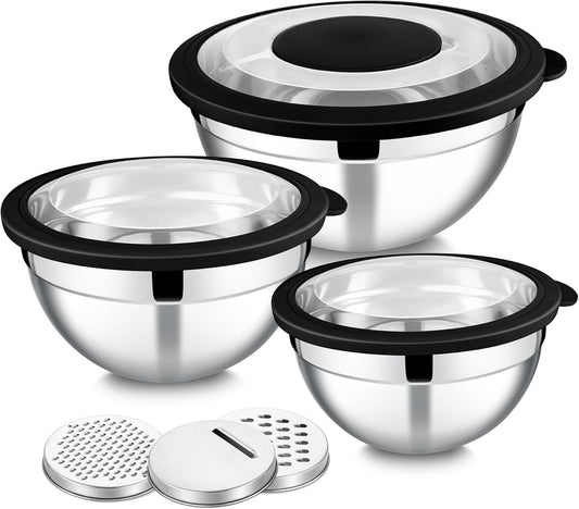 E-far Mixing Bowls with Lids and Graters, Stainless Steel Salad Mixing Bowl with Transparent Lid Set of 3, Metal Nesting Salad Storage for Kitchen Prepping/Serving/Baking, 4.6/2.6/1.5QT - Black