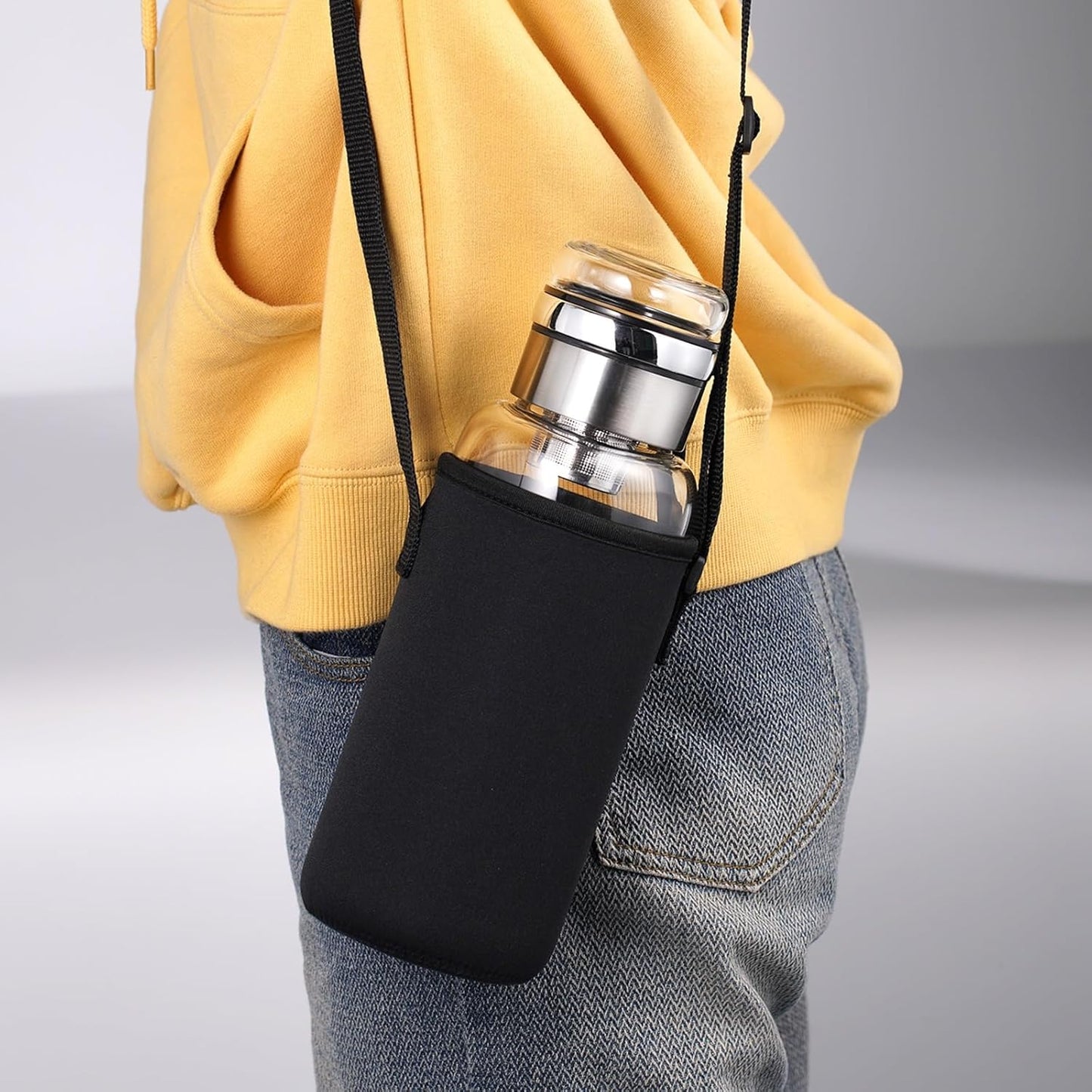 50 oz Glass Water Bottles - Large, Clear, Borosilicate Glass Water Bottle with Stainless Tea Infuser - Cup-Function Lid, Neoprene Sleeve, Strap - Wide Mouth BPA free, for Tea, Beverages, Juice