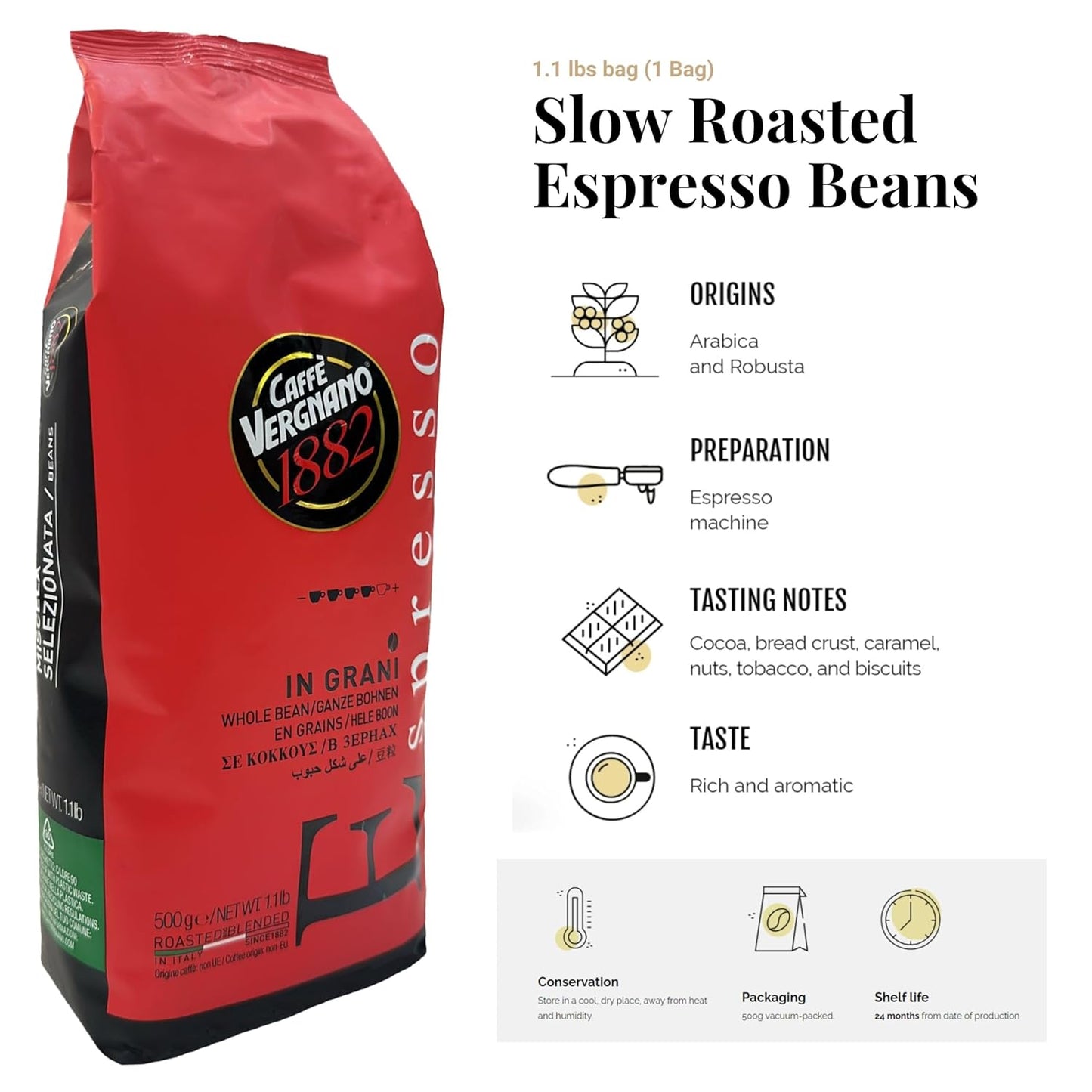 Caffe Vergnano 1882 Granaroma, Espresso, & Antica Bottega Whole Bean Arabica Medium Espresso Roast Coffee, 1.1lbs Bag - Italian Coffee Beans -500g Bag (3 Pk)