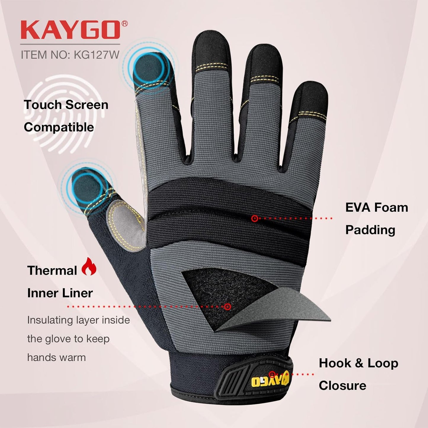 KAYGO Insulated Mechanic Work Gloves,3 Pairs KG127W Winter Thermal Safety Work Gloves for Men and Women, Double Lining,Heavy duty,Improved dexterity,Excellent Grip,Ideal for outdoor jobs,M