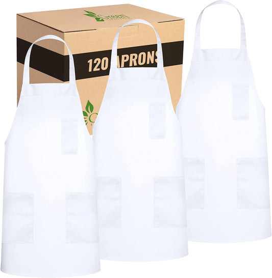 GREEN LIFESTYLE 120 Pack Chef Apron with Pockets – Grilling Aprons for Men, Waterproof Cooking Apron for BBQ, Work or Restaurant Use, Kitchen Aprons for Women with Pockets – White