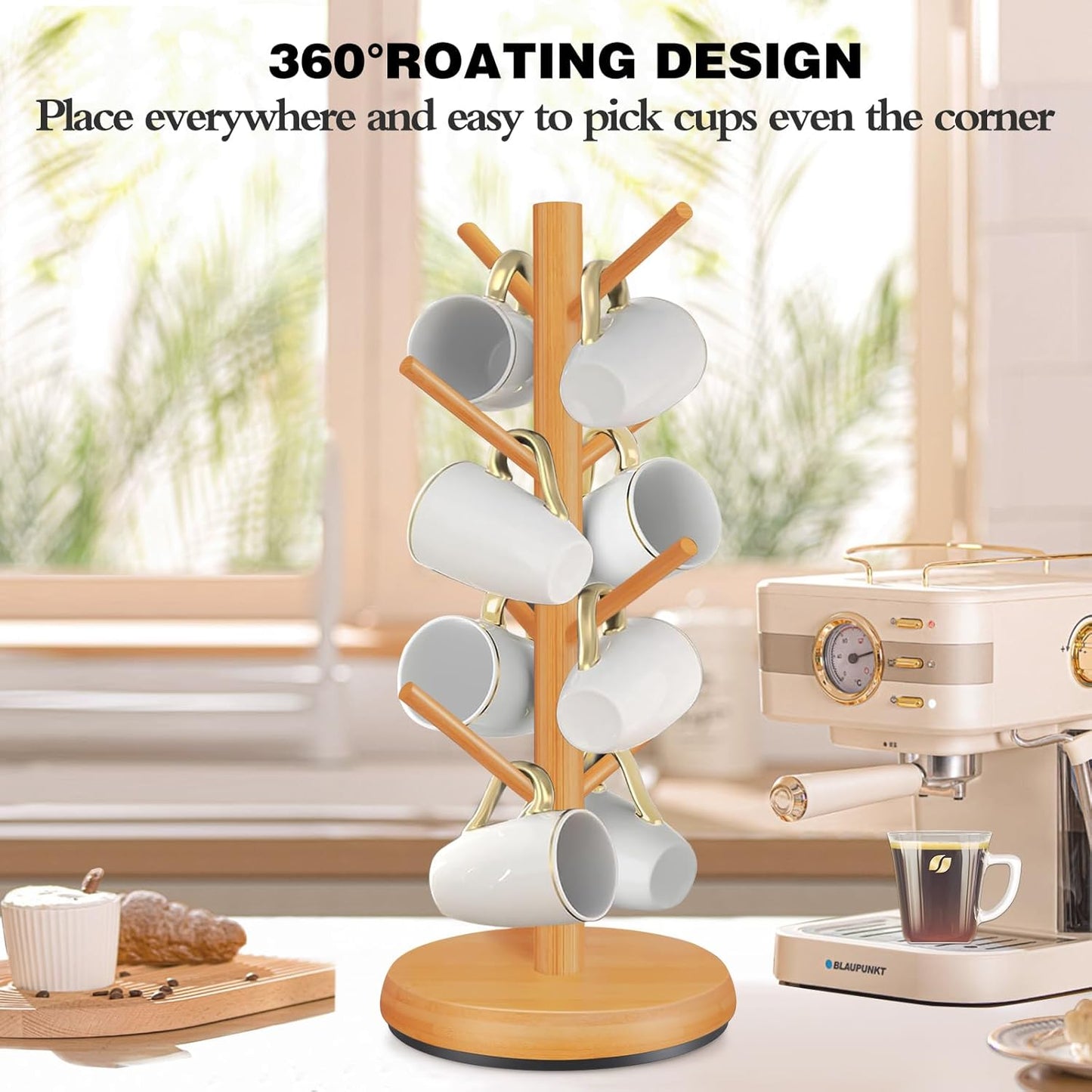 Mug Holder Tree,New Upgraded 360° Rotated 8 Hooks Coffee Cup Holder for Counter,Wood Coffee Mug Rack Standing for Co ffee Bar Accessories and Kitchen Home Organizer(Brown)