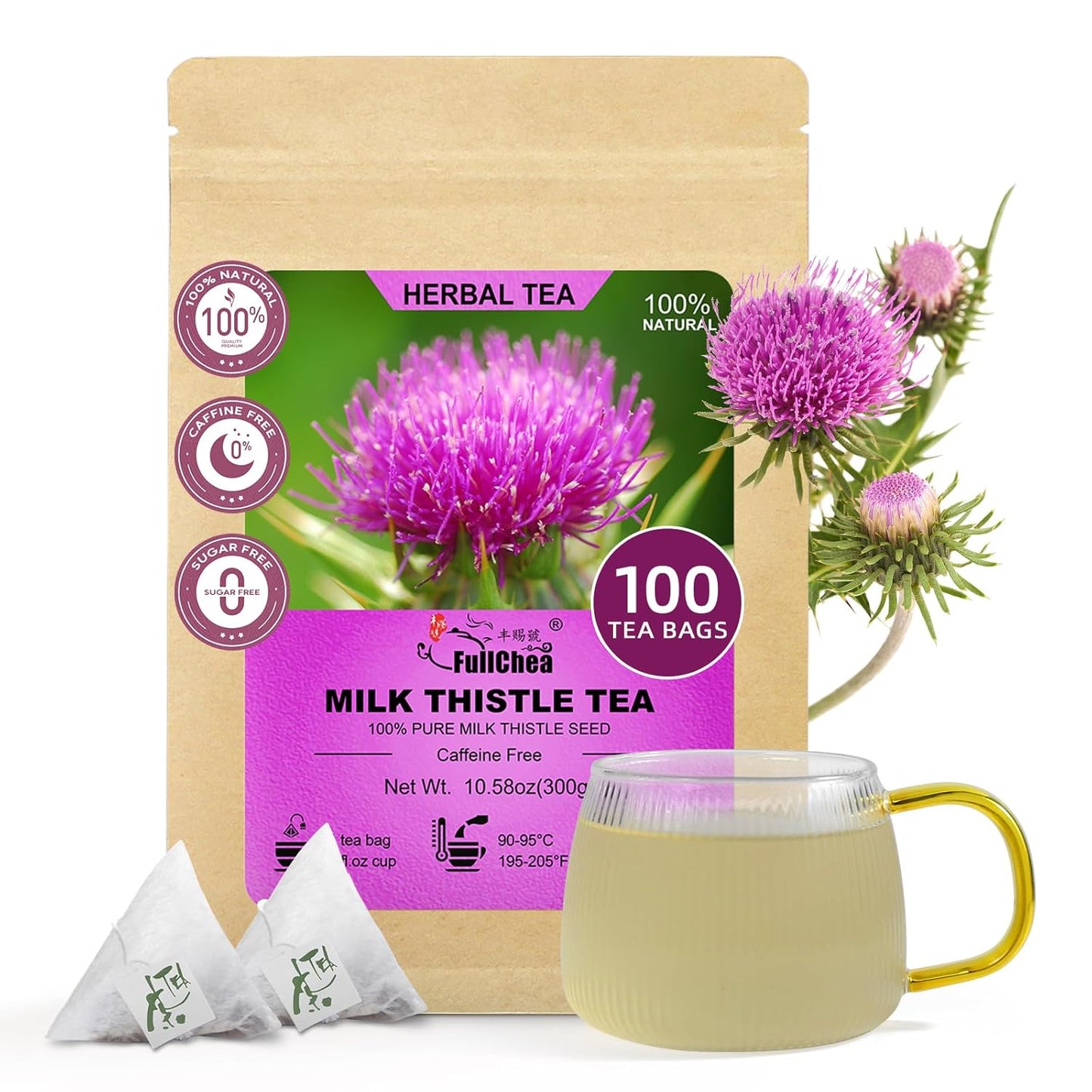 FullChea - Milk Thistle Tea Bags, 100 Count - Natural Liver Support & Detox - Premium Milk Thistle Seed - Caffeine-free Herbal Tea